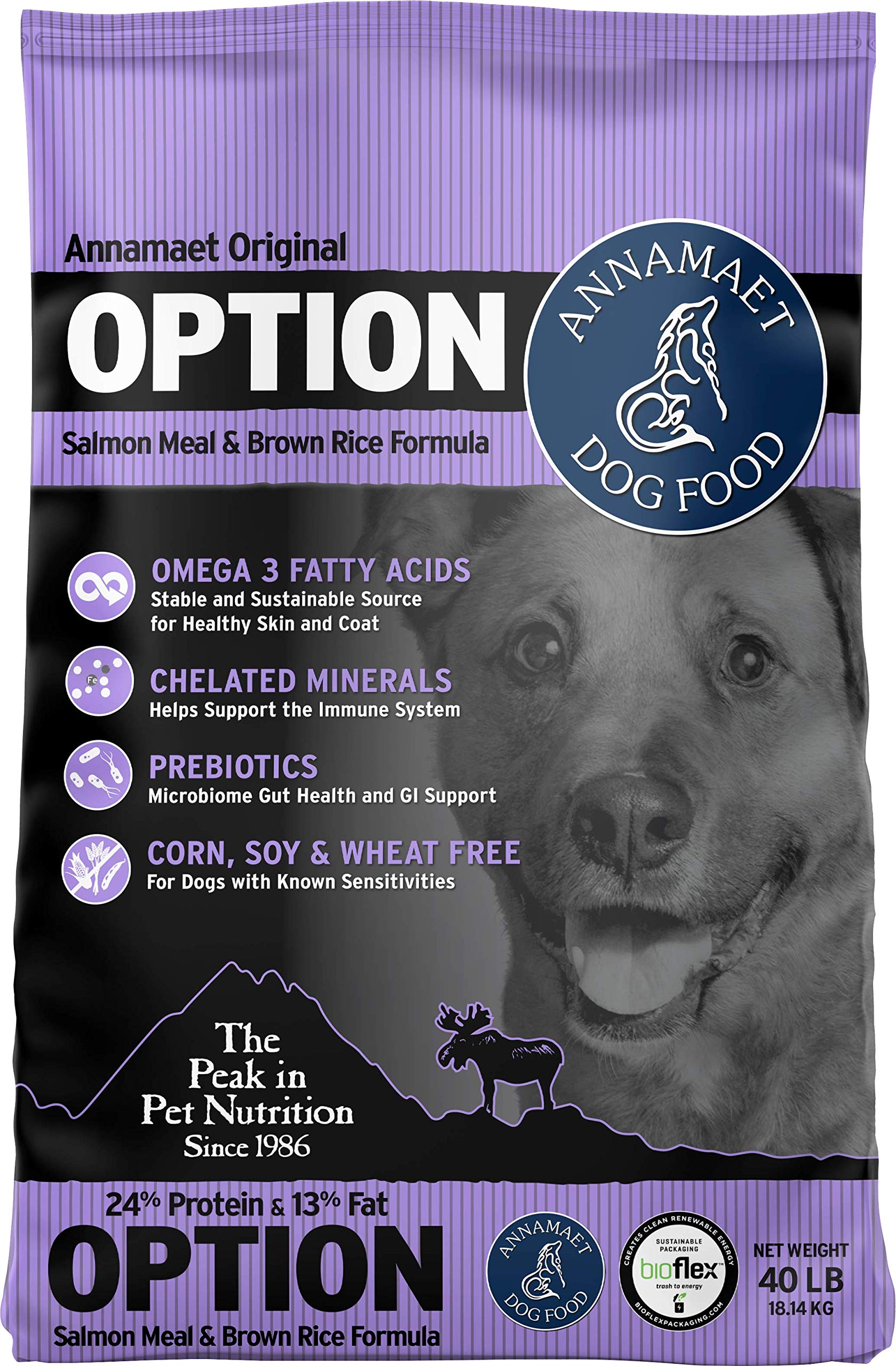 Annamaet Original Option Formula Dry Dog Food - High Protein 24% Salmon & Brown Rice Recipe - 40 lb Bag for Large Breed Adult Dogs - Perfect for Active Pets & Daily Nutrition