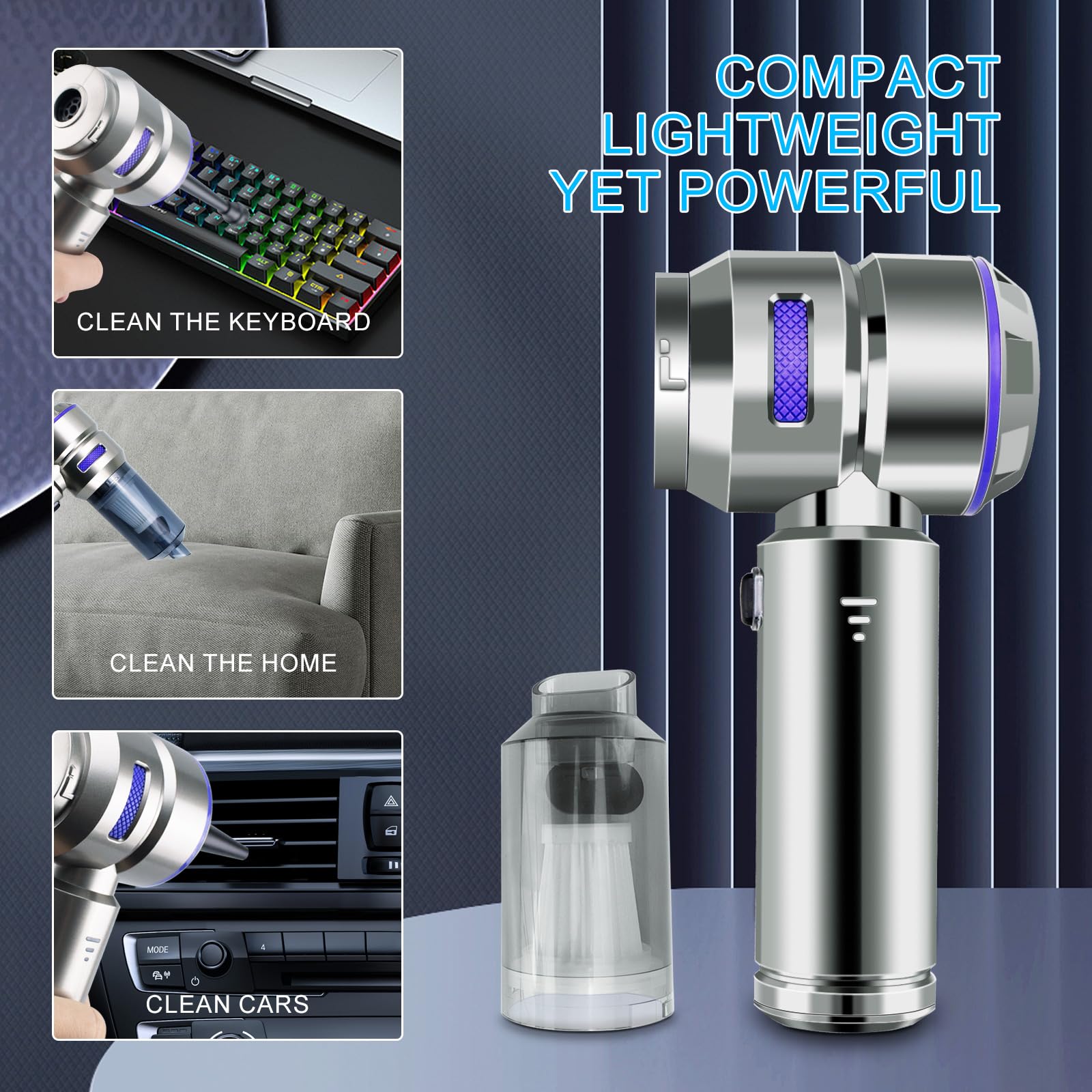 Cordless Handheld Vacuum 21000Pa - 4-in-1 Car & Home Cleaner (Blue)