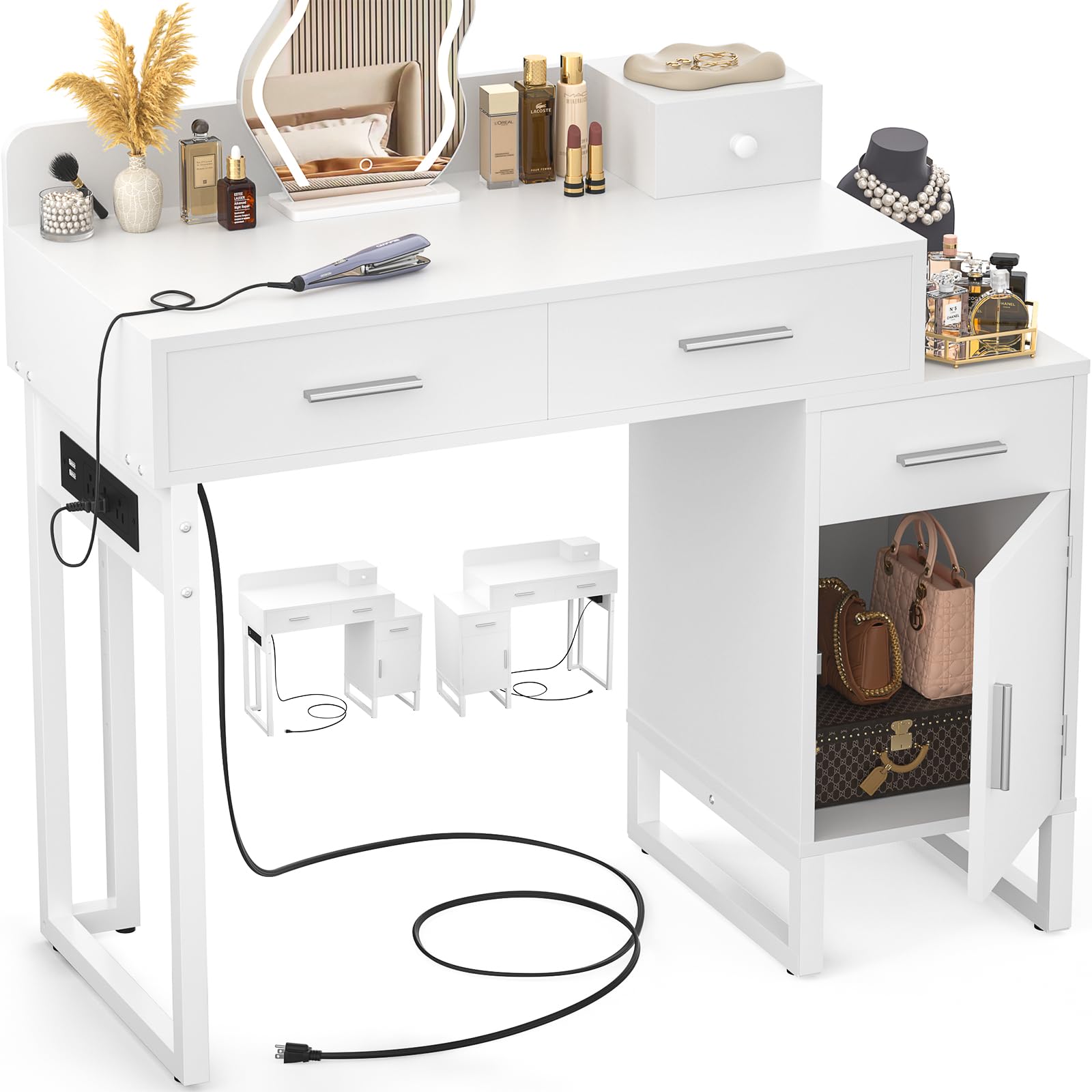 Modern White Vanity Desk with 4 Storage Drawers & Charging Station - Reversible Cabinet Dressing Table Set with Divided Organizers for Women & Girls - Perfect for Bedroom Makeup, Skincare Routine and Home Office Workspace