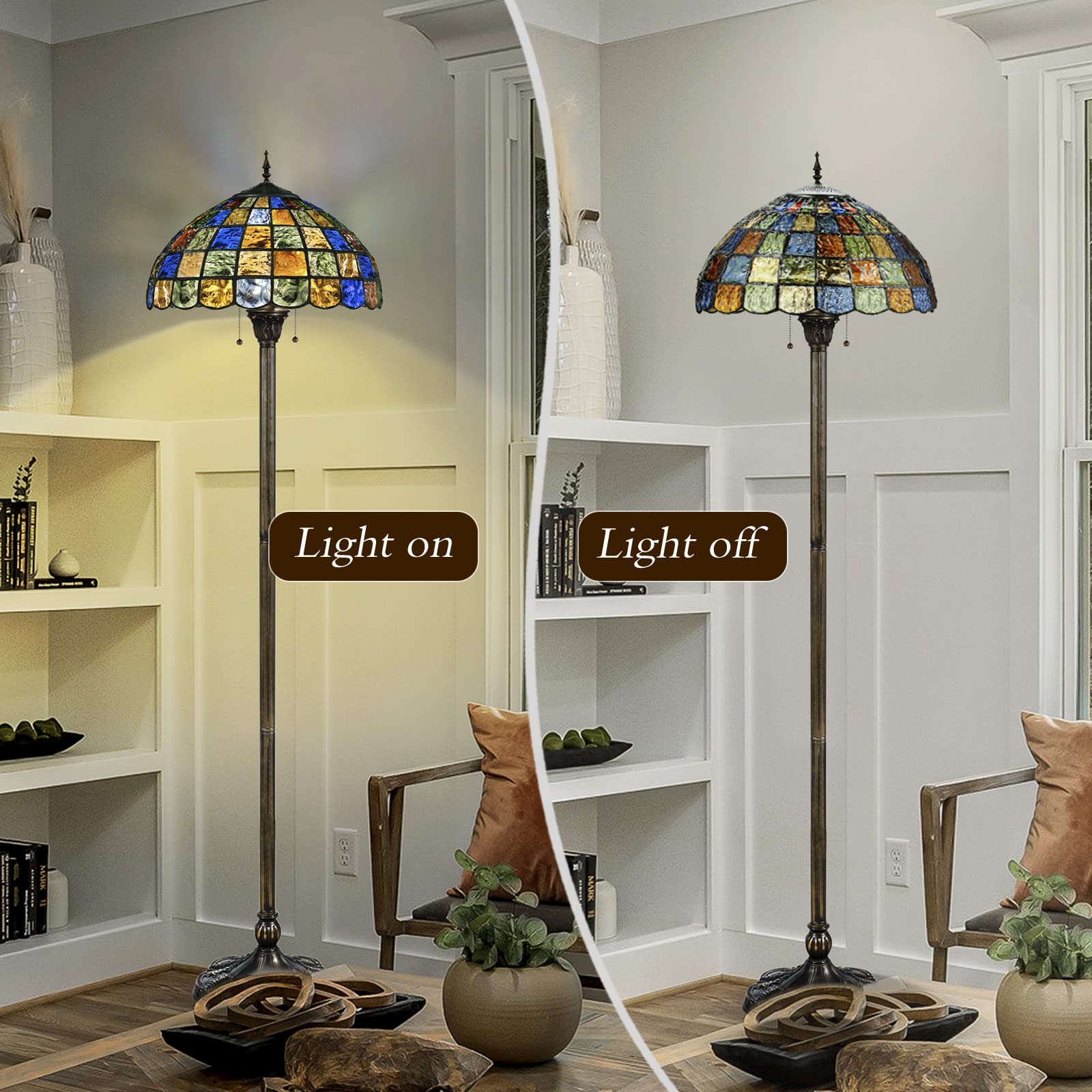 Tiffany Style Crystal Square Stained Glass Floor Lamp - 16x70 Inch Antique Pole Standing Light for Living Room, Study, Office & Reading - Zipper Switch Control - Perfect for Home Decor, Bedroom Lighting and Cozy Reading Nook
