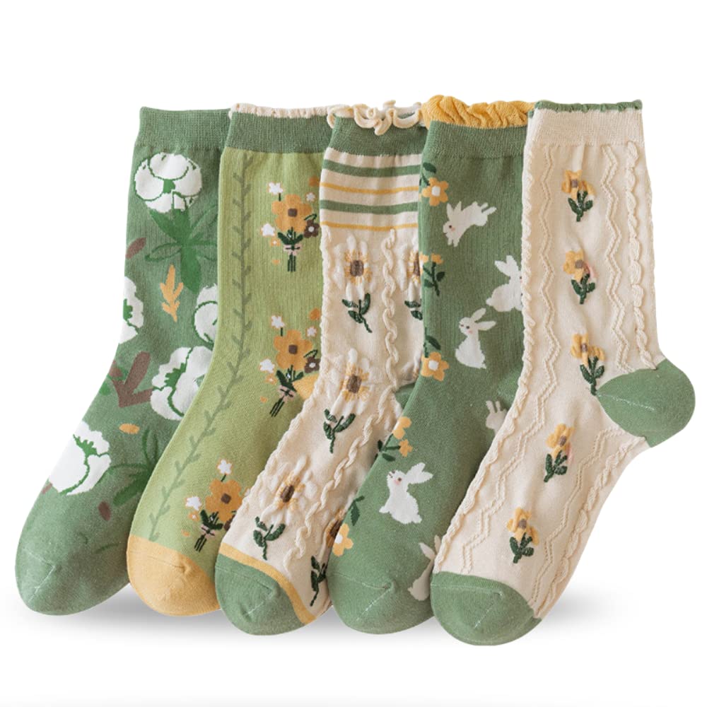 Floral Crew Socks for Women & Girls - 5 Pack Cotton Flower Print Ankle Socks with Ruffled Trim - Green Aesthetic Casual Dress Socks for Everyday Wear, Gift Giving & Fashion Outfits