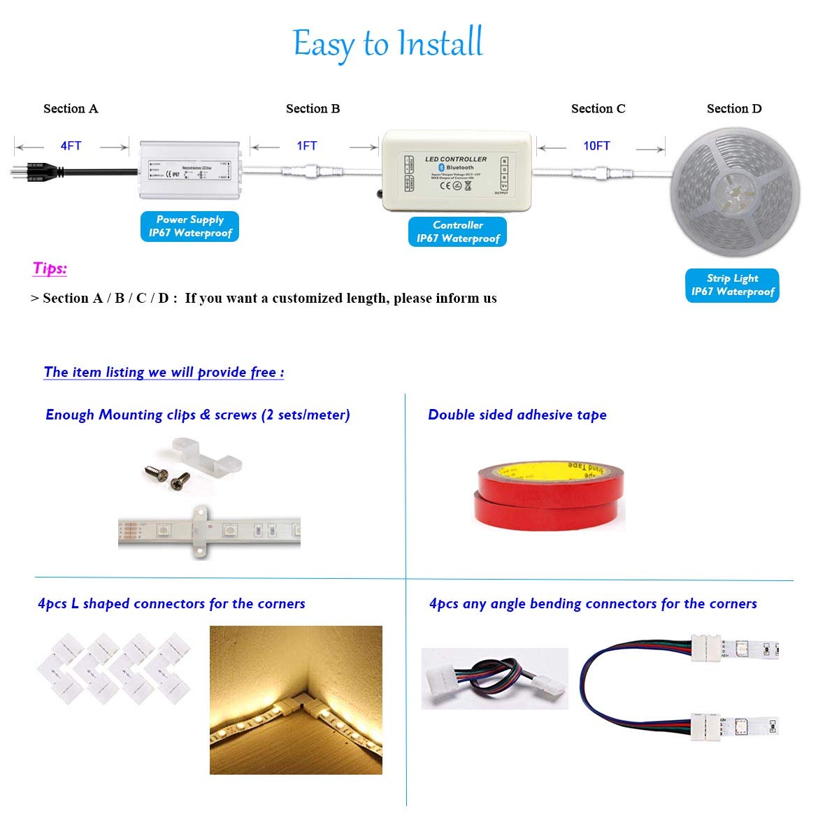 30FT 5050 RGB LED Strip Lights 24V IP67 Waterproof with Bluetooth Remote & Controller - Flexible for Indoor/Outdoor Decor, Bedroom, Party, Holiday Lighting