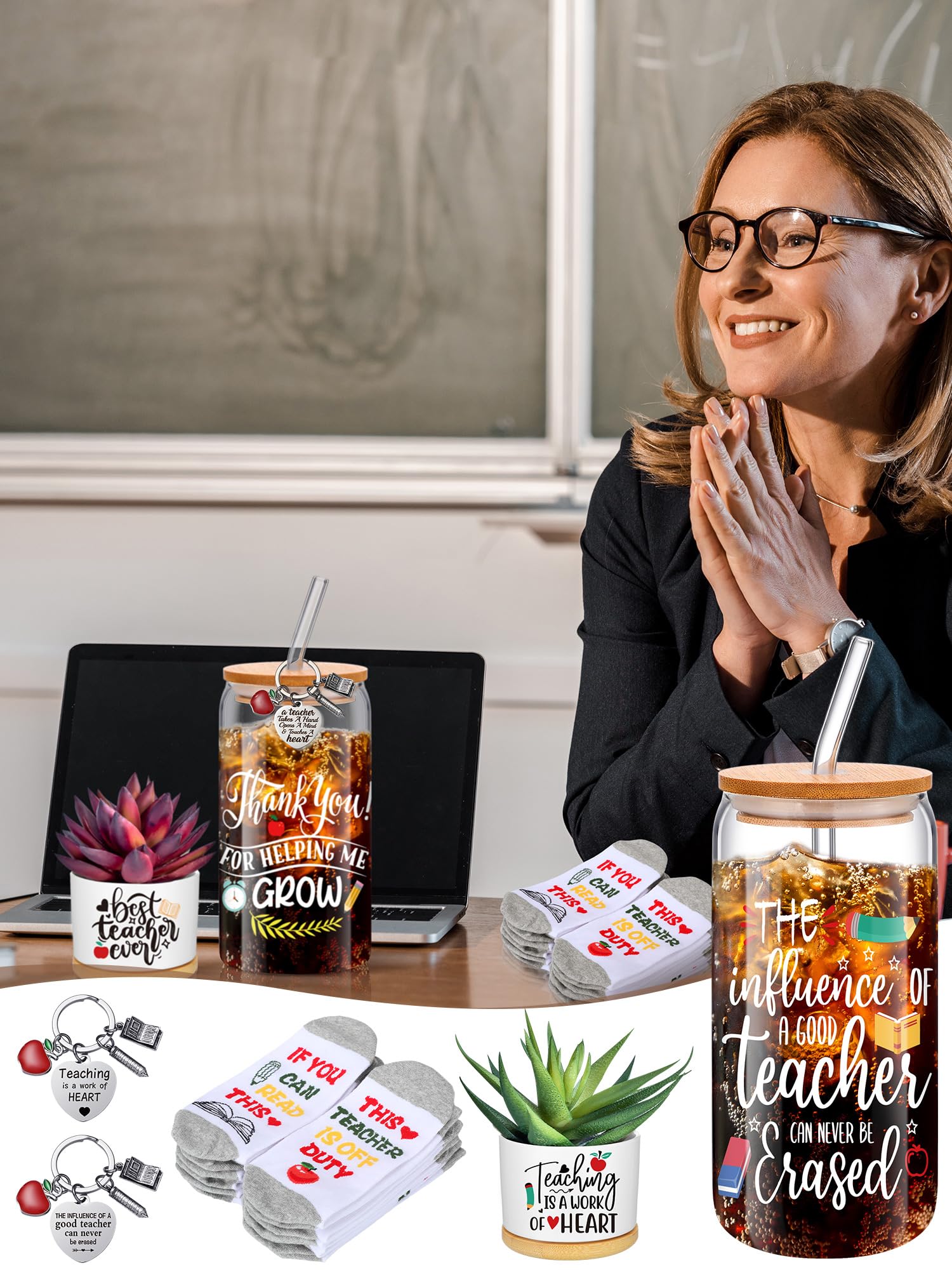 Layhit 24-Piece Teacher Appreciation Gift Set - 16oz Glass Cups, Succulent Plant Pots, Keychains & Women's Socks - Perfect Thank You, Retirement, Christmas & Birthday Gifts for Teachers - Ideal for Classroom Celebrations, End-of-Year Gifts & Staff Recognition Events