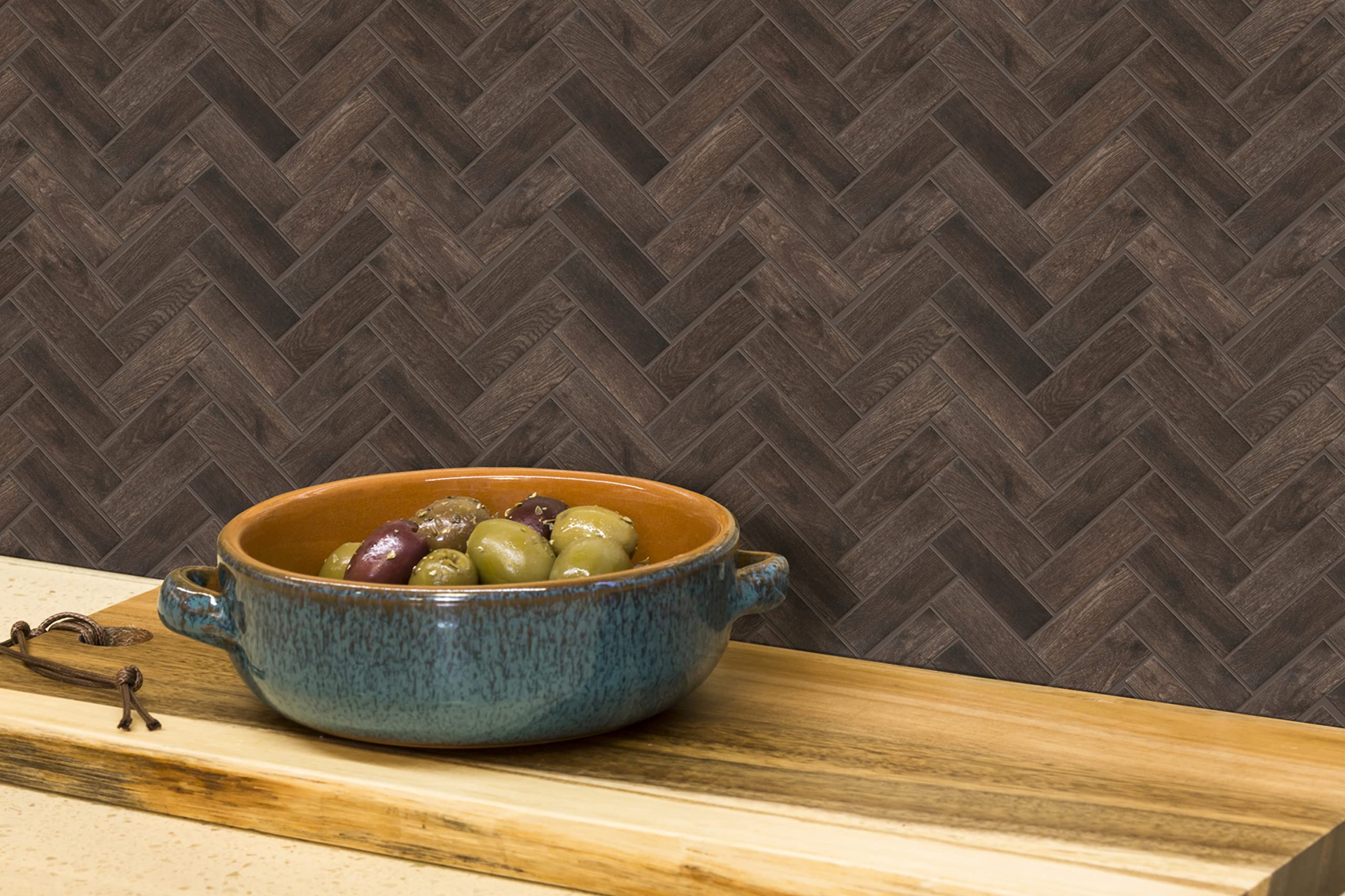 Emser Tile W87ECHO1113MHB Herringbone Mosaic Tile - Wood Look Porcelain Floor & Wall Tile - Polished Finish for Bathroom, Kitchen & Living Room Decor