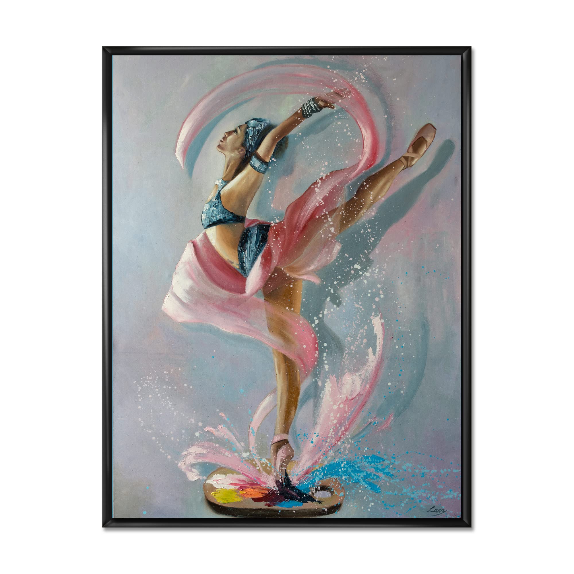 DesignQ Elegant Dancing Woman in Pink Drapes - Traditional Framed Canvas Wall Art Print - Perfect for Living Room, Bedroom & Office Decor