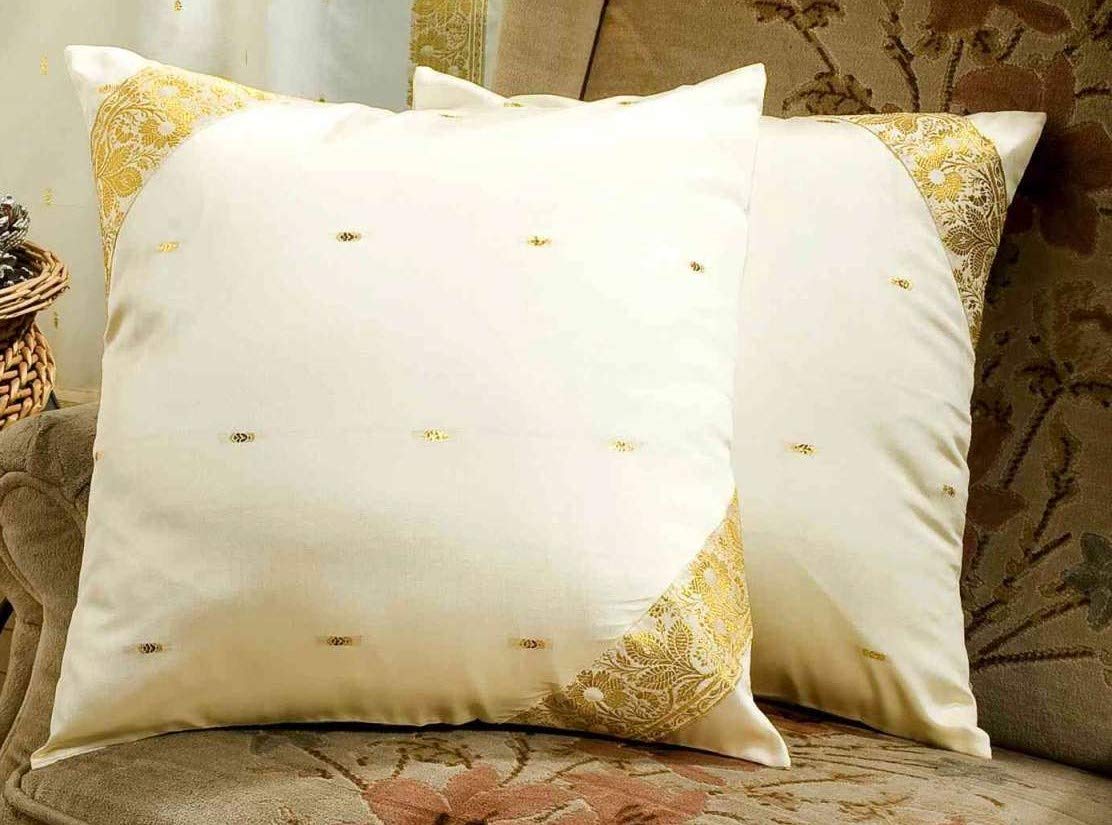 Handmade Sari Pillow Covers Set of 2 - 20x20 Inches Boho Decor Cushion Covers with Zipper | Indian Sari Throw Pillow Covers for Sofa, Bed, Living Room | Neutral Cream Home Decor Accent Pillows