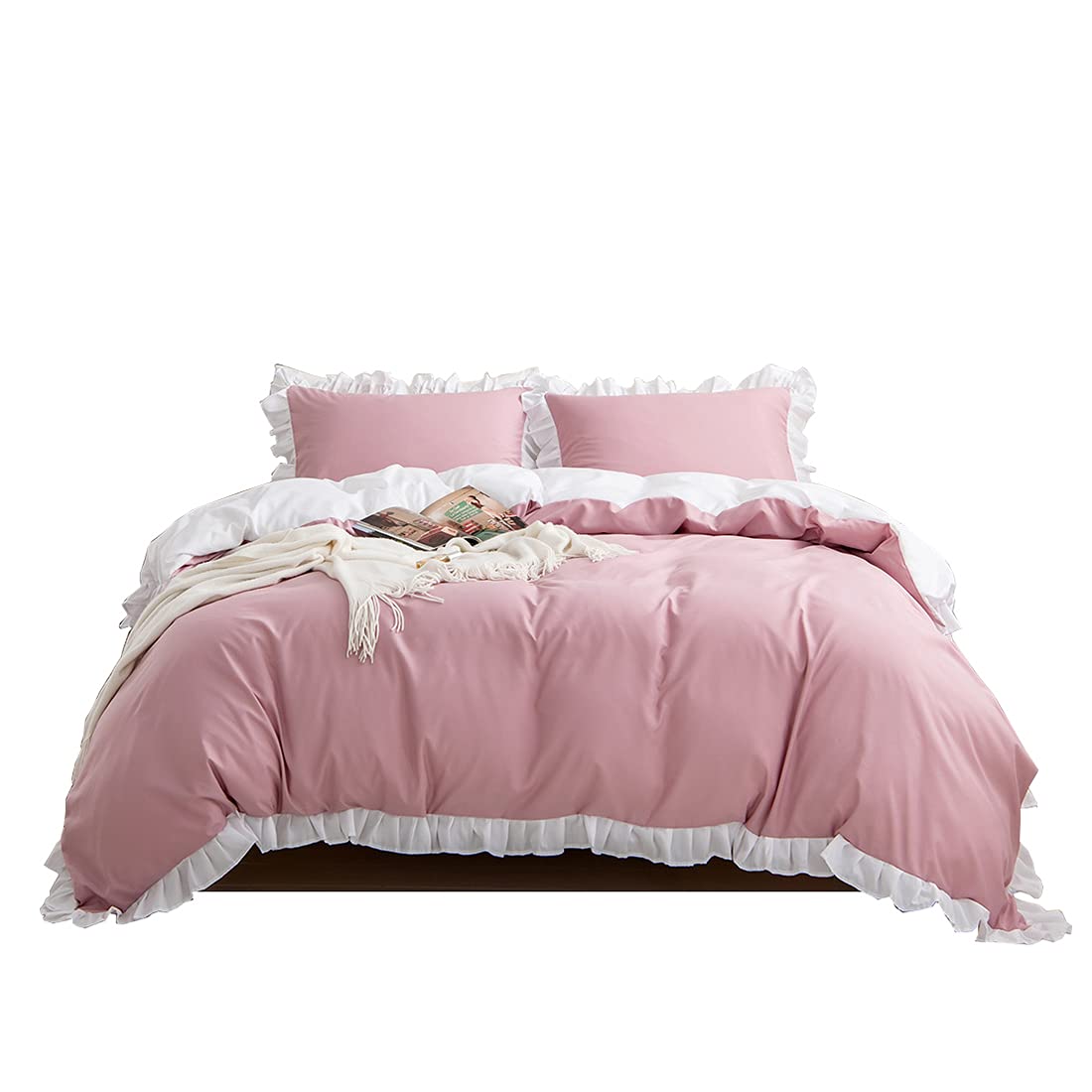 VCTOPS 2-Piece Ruffled Duvet Cover Set - Twin Size Microfiber Soft Shabby Chic Reversible Comforter Cover with Pillowcases (Pink & White) - Perfect for Girls' Bedroom, Guest Room & Cozy Farmhouse Decor