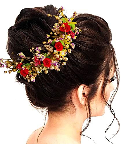 Elegant Floral Hair Vine with Leaves, Beads & Pearls - Women's Hair Accessories for Weddings, Prom & Special Occasions - Red Juda Bun Pin (2300)