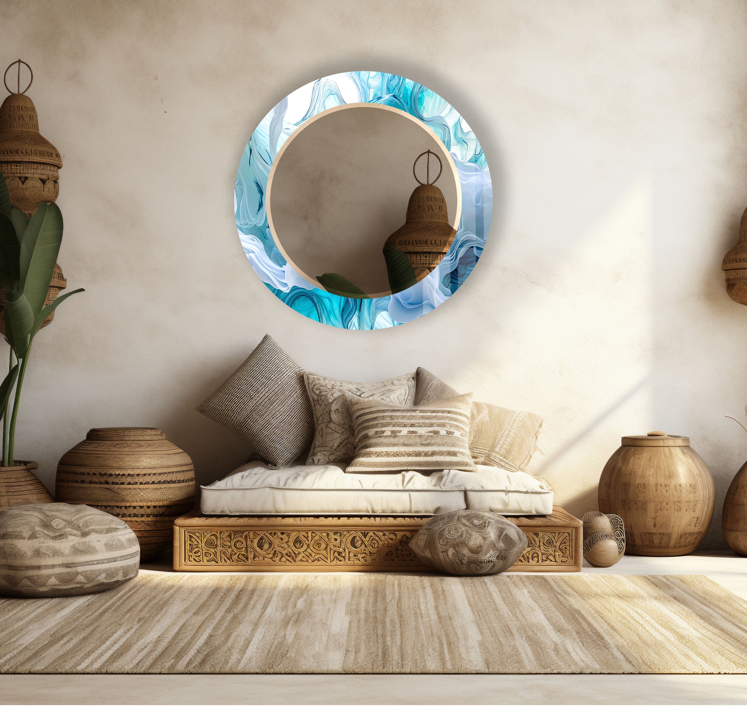 Aqua Blue Swirl Round Wall Mirror - Ocean Inspired Glass Frame for Coastal Home Decor | Bathroom, Bedroom & Living Room Wall Art | Nautical Themed Decor