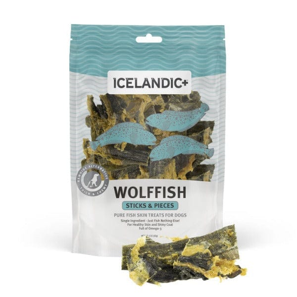 Premium Icelandic Wolffish Skin Sticks & Pieces - All-Natural Dog Chews for Dental Health | High-Protein Training Treats | Perfect for Aggressive Chewers & Puppy Teething Relief