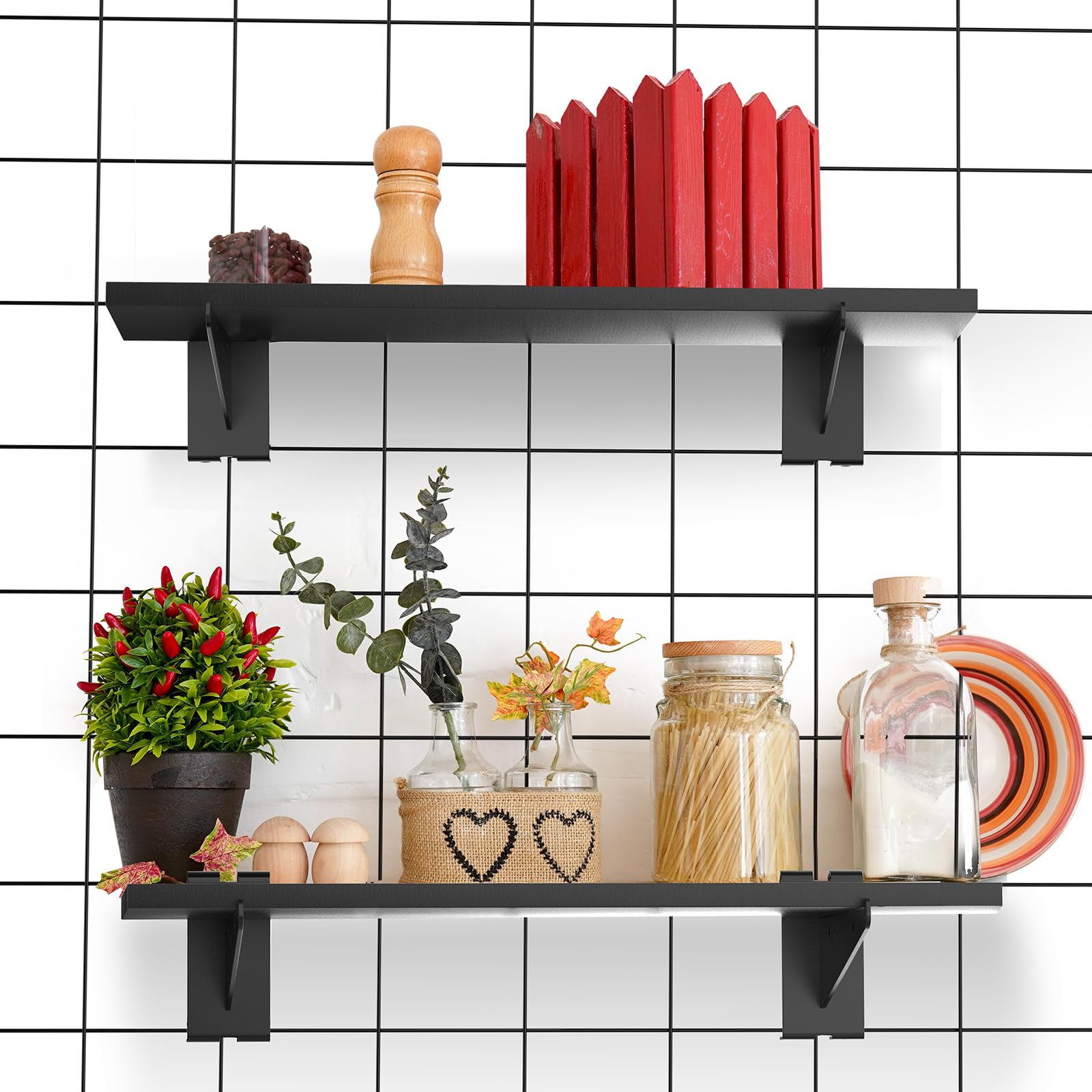 6 Pack Wooden Gridwall Shelves 15.7 x 6 Inches - Heavy Duty Metal Bracket Grid Wall Shelving Organizer for Home, Garage, Retail Store Display & Storage (6, 15.7 x 6 x 0.6 inches) - Perfect for Organizing Shoes, Tools, Books & Decorative Items