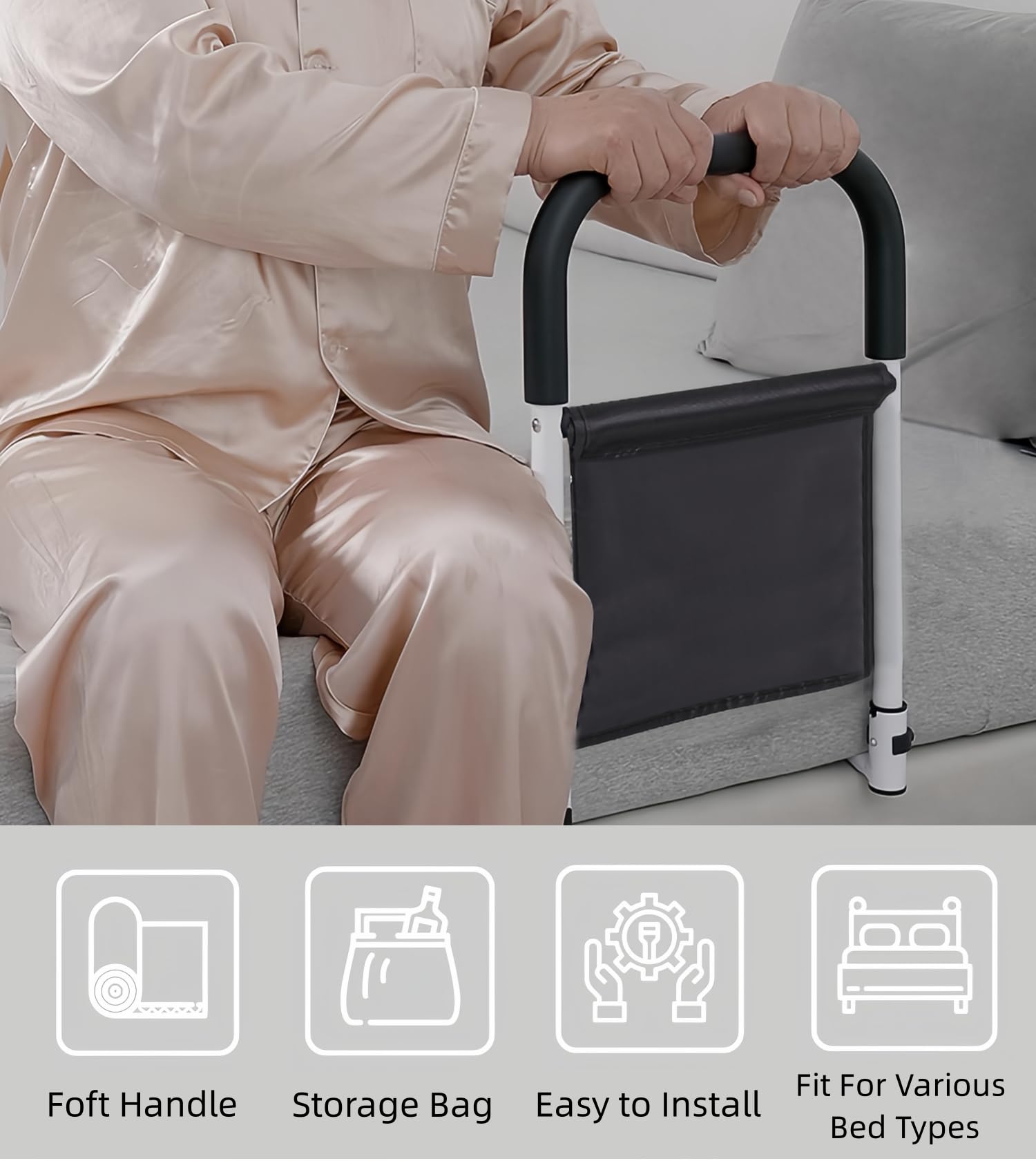 Elderly Bed Safety Rails with Motion Light & Storage Pocket - Adjustable Height Assist Handle for Queen, King, Twin & Full Size Beds - Ideal for Seniors, Home Care & Medical Use