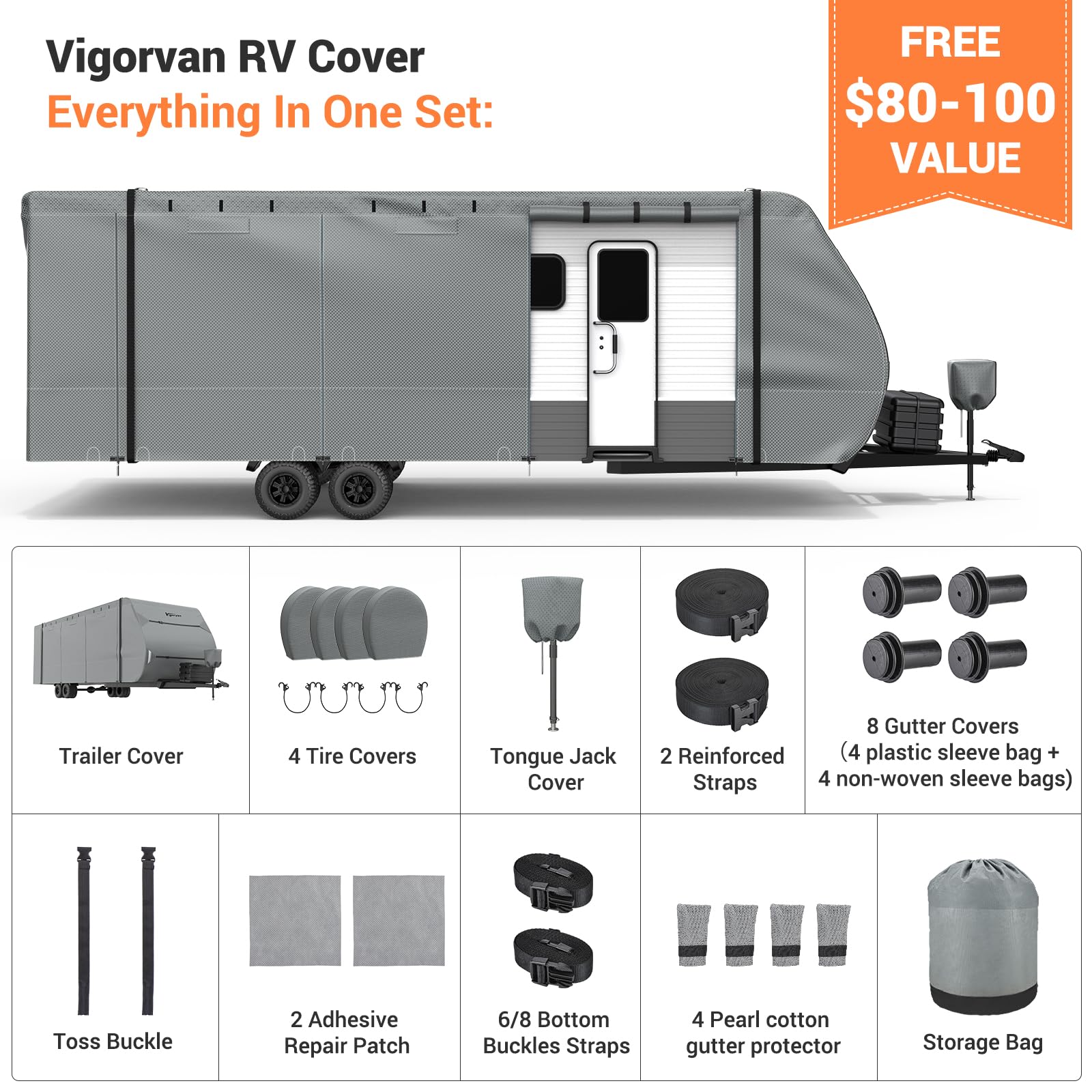 Heavy Duty RV Cover for Travel Trailers 22'1''-24' - Waterproof, Windproof, Rip-Stop Camper Cover with Jack Cover, Tire Covers & Gutter Covers - Perfect for Outdoor Storage, Winter Protection & Long Road Trips