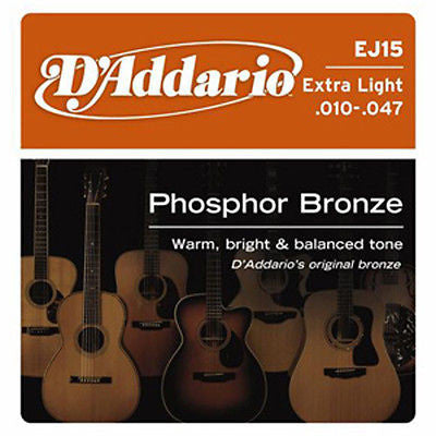 D'Addario EJ15 Phosphor Bronze Extra Light Gauge Acoustic Guitar Strings - 12-53 Light Tension for Warm Tone & Playability | Perfect for Beginners, Fingerstyle & Folk Music Performance