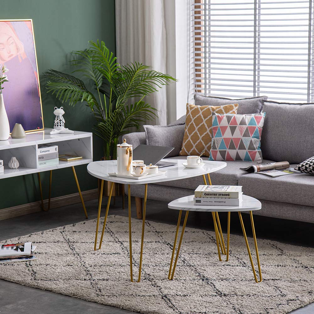 VeryKe Set of 2 Narrow Marble Side Tables - Modern Couch Table, Coffee Table & End Table for Living Room & Bedroom - White | Perfect for Small Spaces, Sofa Accent & Nightstand Use
