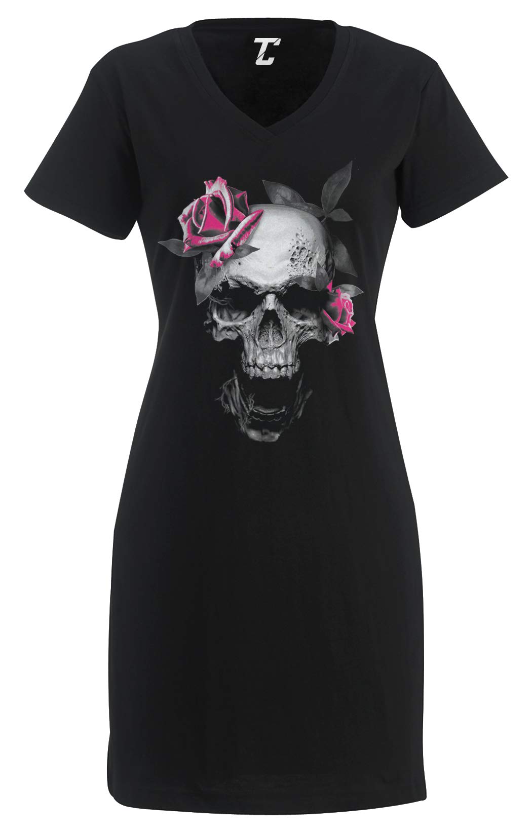 Pink Rose Skull Print Women's Nightshirt - Gothic Skeleton Design Soft Sleepwear for Women | Perfect for Halloween, Gothic Parties & Nighttime Comfort