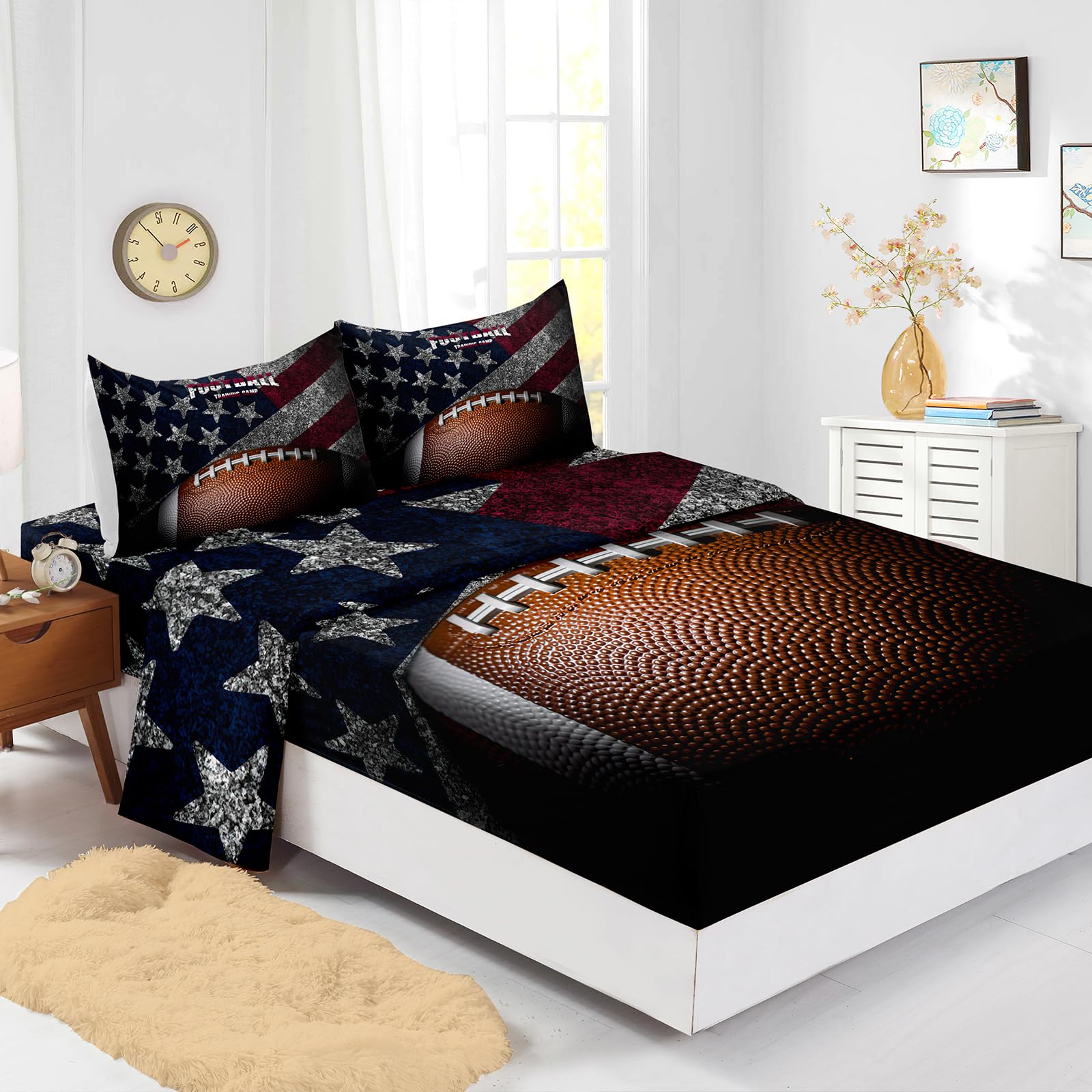 American Flag Football Fitted Sheet Queen Size - Axolotl Sports Bedding Set for Kids & Teens (1 Flat Sheet, 1 Fitted Sheet, 2 Pillowcases) - Perfect for Football, Rugby Fans' Bedrooms & Dorm Rooms