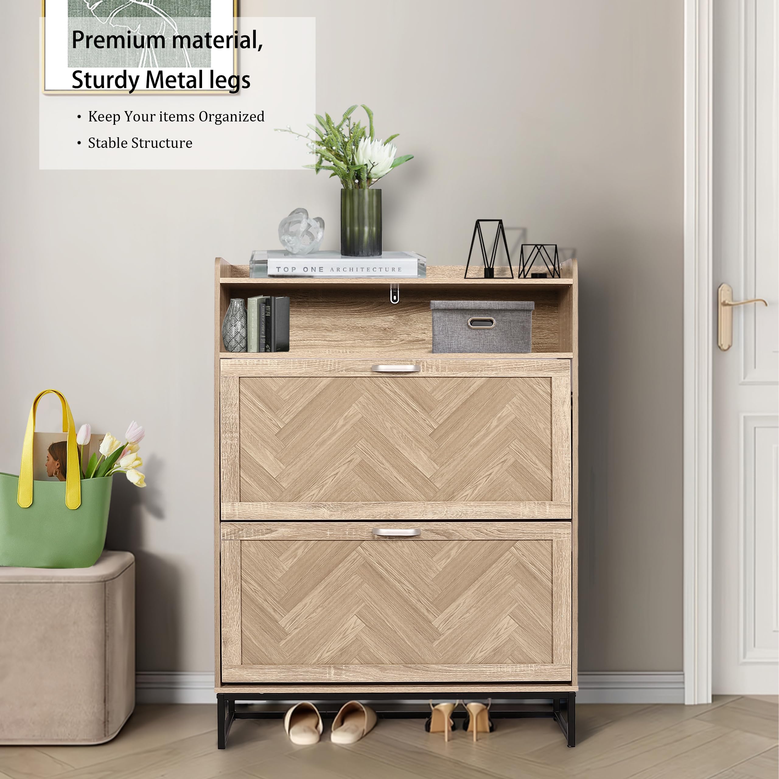 4-Tier Flip-Drawer Shoe Storage Cabinet - Space-Saving Entryway Shoe Organizer with Metal Legs & Open Storage - Freestanding Narrow Shoe Rack for Foyer, Hallway - Perfect for Small Spaces & Apartment Living