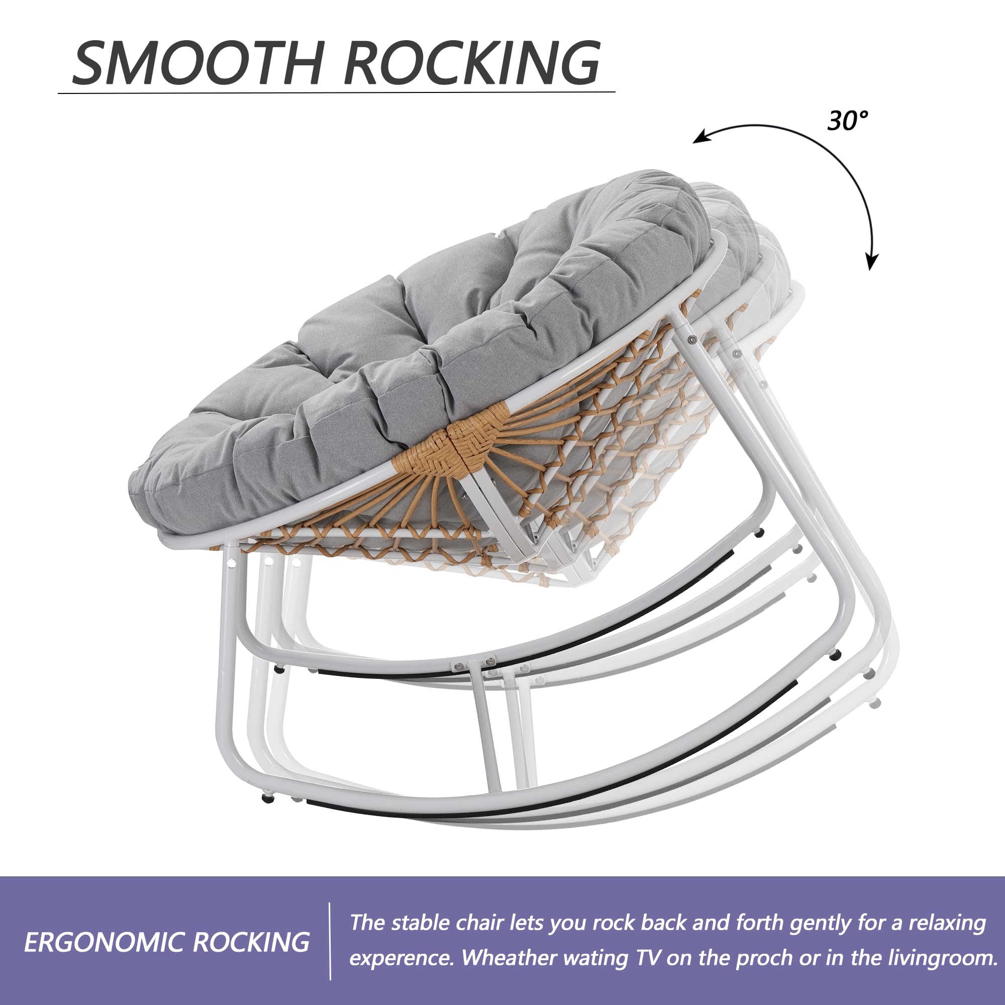 Outdoor Round Rocking Chair - Patio Wicker Egg Chair with Light Gray Padded Cushion | Oversized Comfy Papasan Chair & Royal Rattan Rocker for Living Room, Front Porch, Garden, Balcony | Perfect for Relaxing, Reading & Sunbathing