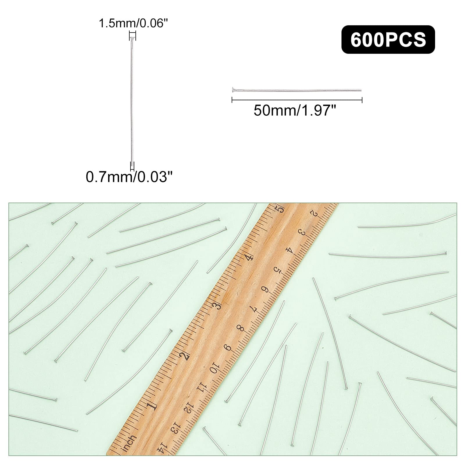 PH PandaHall 600pcs 50mm 304 Stainless Steel Flat Head Pins - 0.7mm (21 Gauge) Metal Jewelry Making Supplies for DIY Earrings, Bracelets, Necklaces & Crafts - Perfect for Beading, Charms & Handmade Jewelry Projects