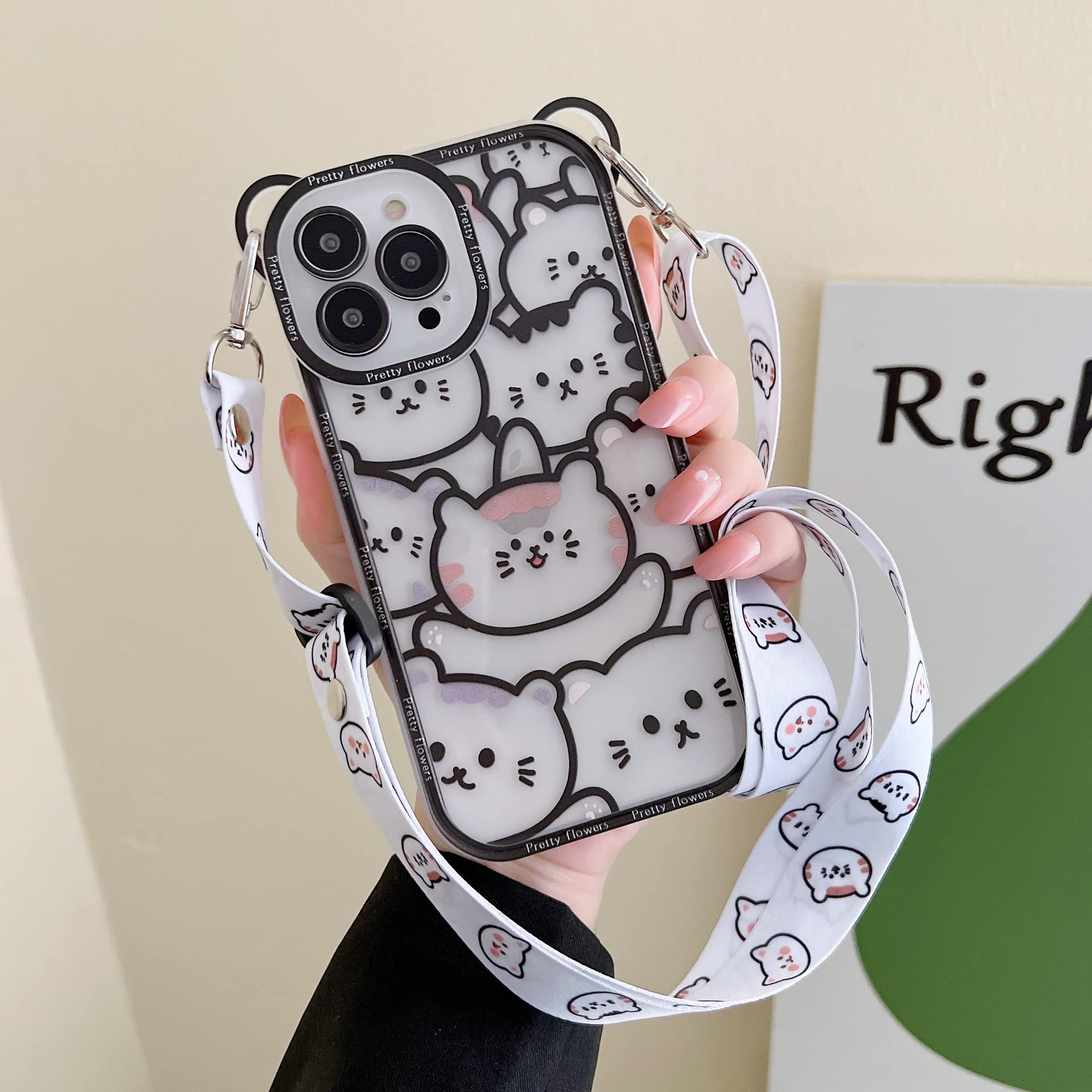 Fycyko Cute Bear Kawaii Cartoon iPhone 13 Pro Max Case with Adjustable Crossbody Strap & Neck Lanyard - Shockproof Protective Cover for iPhone 13 Pro Max (Black) - Perfect for Daily Use, Travel, and Outdoor Activities