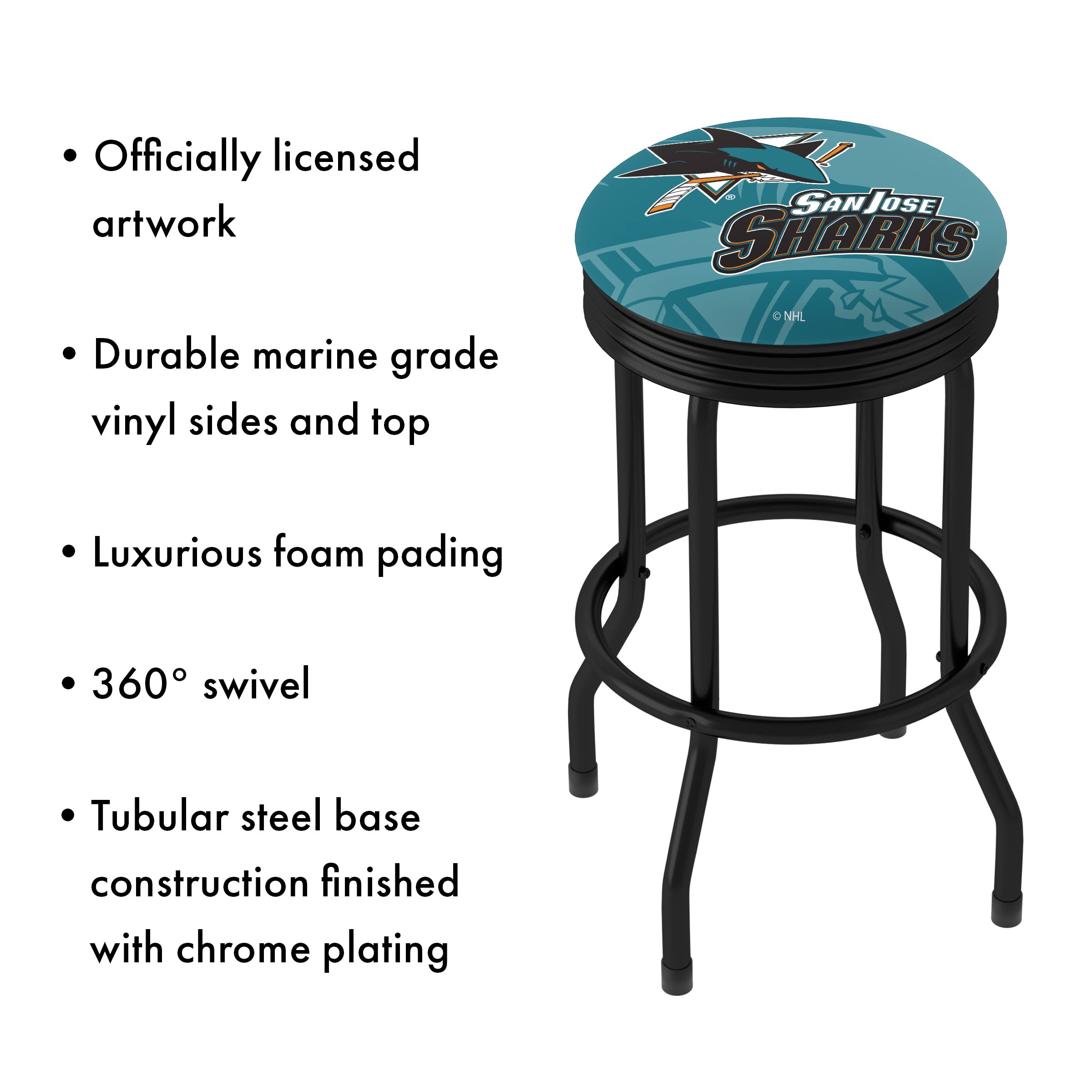 San Jose Sharks Logo Bar Stool - Retro Black Ribbed Swivel Stool for Game Room, Garage & Home Bar - NHL Themed Pub Chair for Sports Fans & Man Cave Decor