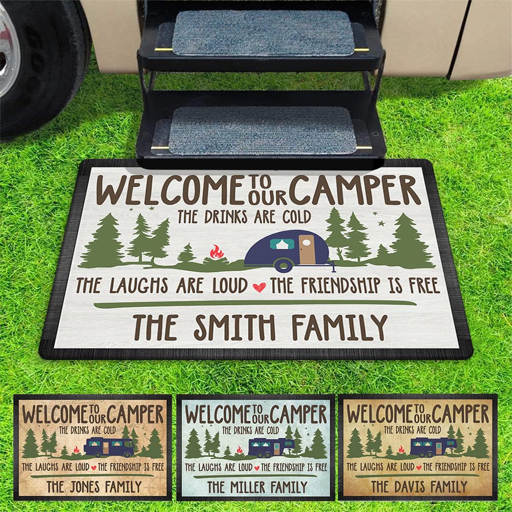 Custom Personalized Welcome to Our Camper Doormat - Family Name Engraved | 16x24 Inch Outdoor RV Mat | Perfect for Campers, RVs & Trailers | The Drinks Are Cold The Laughs Are Loud The Friendship Is Strong