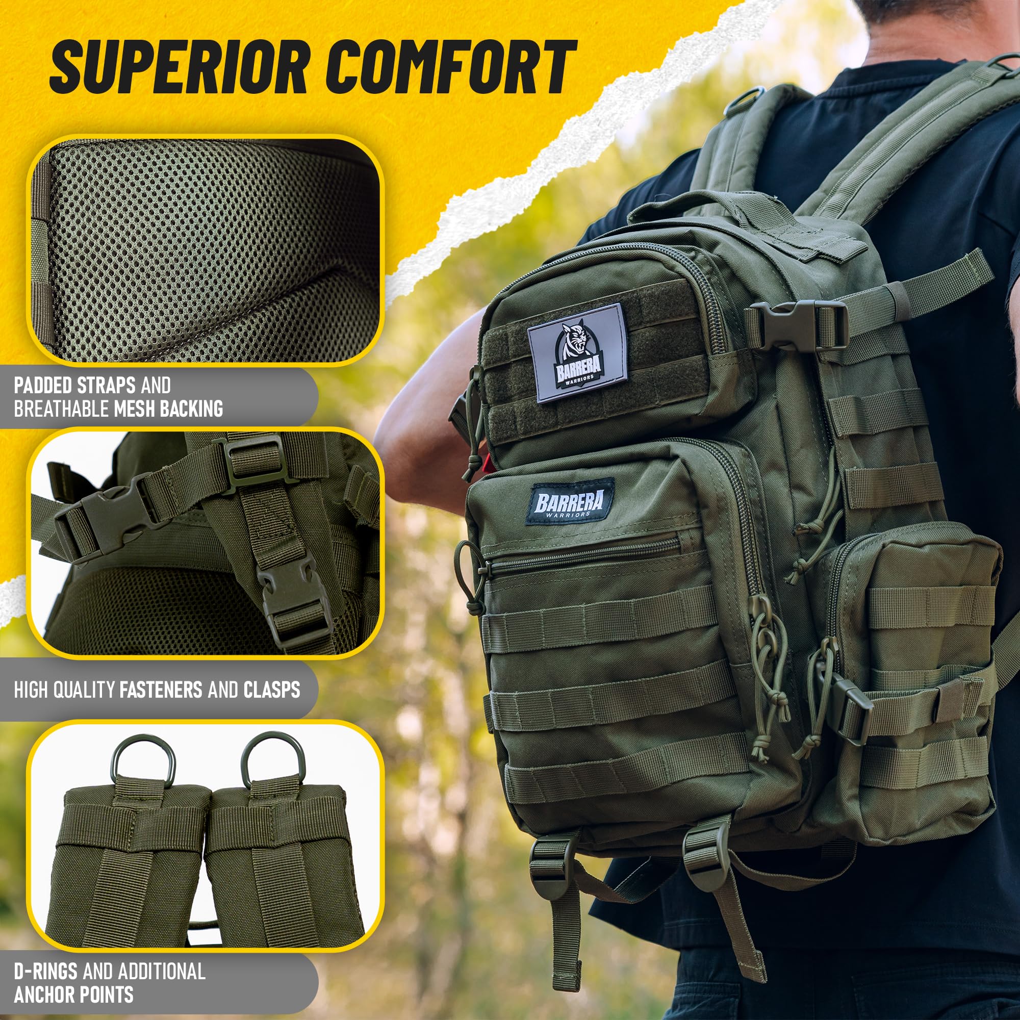 BARRERA Warriors 25L Tactical Backpack - Military Molle Rucksack for Men, Waterproof Laptop Daypack for Hiking, Camping & Travel - Army Green Assault Pack (Perfect for Outdoor Adventures, College & Daily Commute)