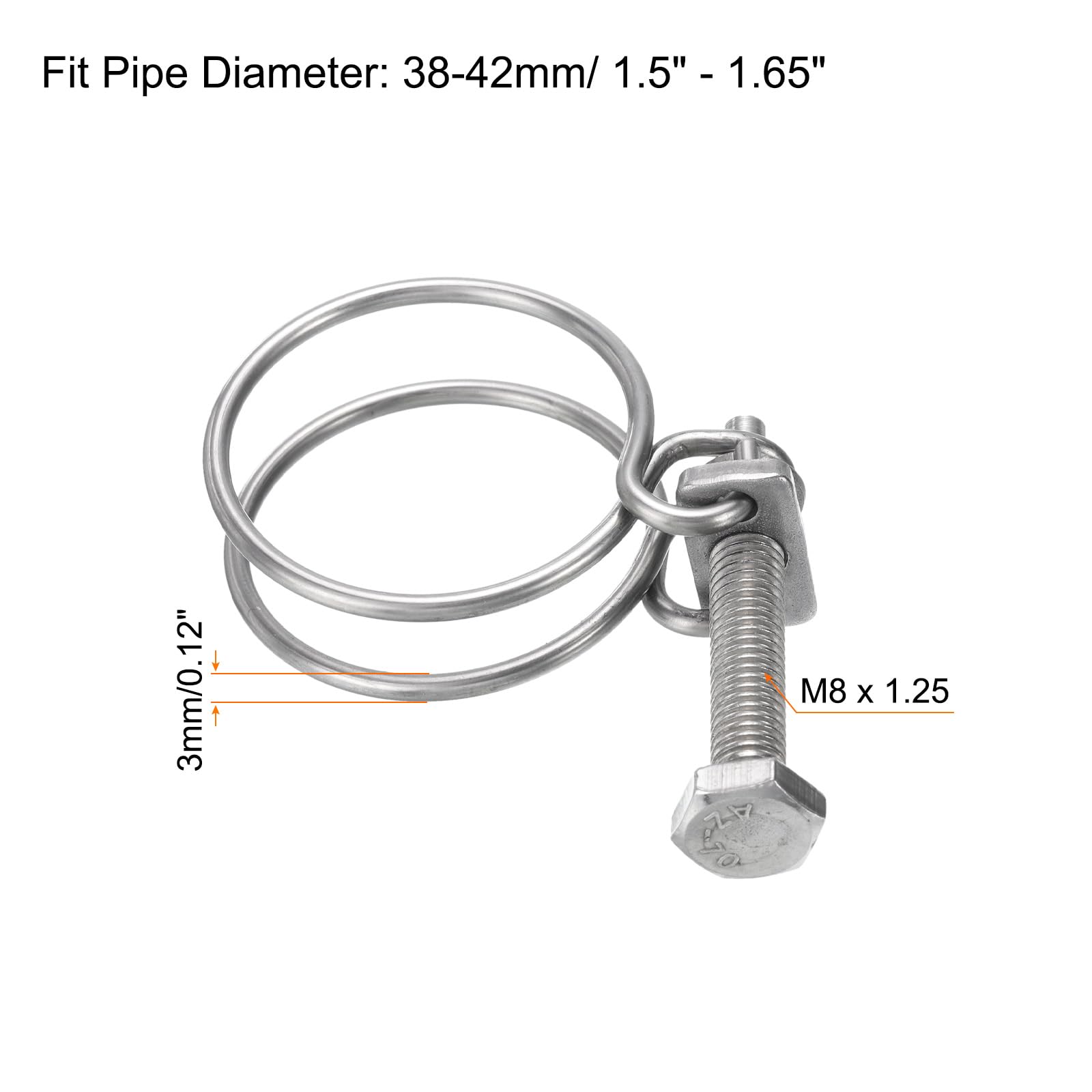 uxcell 10Pcs 38-42mm Adjustable Stainless Steel Double Wire Hose Clamps with M8 Bolt - Heavy Duty Pipe Clips for Dust Collection Hose, Pump Hose, Automotive & Industrial Applications