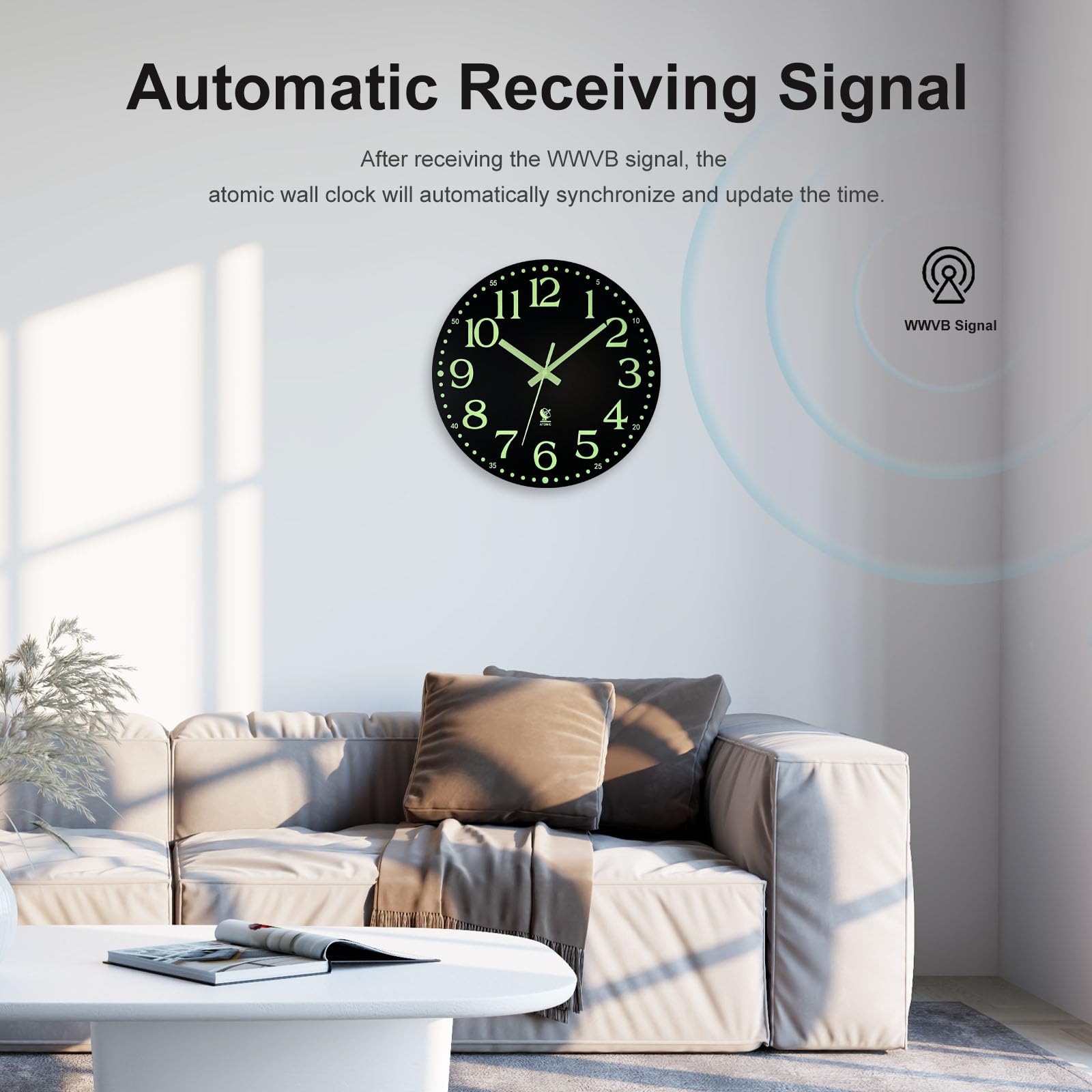 12 Inch Silent Atomic Wall Clock with Glow in Dark - Battery Operated, Radio Controlled, Auto Time Sync - Perfect for Living Room, Bedroom & Office Decor