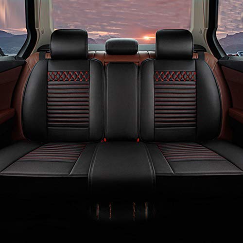 Custom PU Leather Car Seat Covers for Ford F150/Edge/Explorer/Ecosport/Escape/Fiesta/Focus/Mondeo/Mustang/Kuga - 5-Seat Full Set with Needlework Design, Black & Red - Perfect for Road Trips, Daily Commuting & Interior Protection