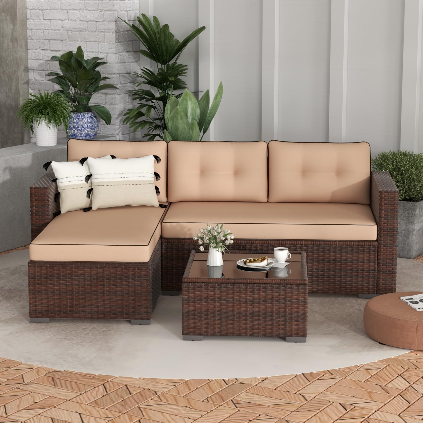 OC Orange-Casual 3-Piece All-Weather Patio Furniture Set - Outdoor Wicker Sectional Sofa with Loveseat, Lounge Couch & Glass Coffee Table - Brown Rattan & Beige Cushions for Deck, Balcony, Porch, Garden or Backyard Relaxation