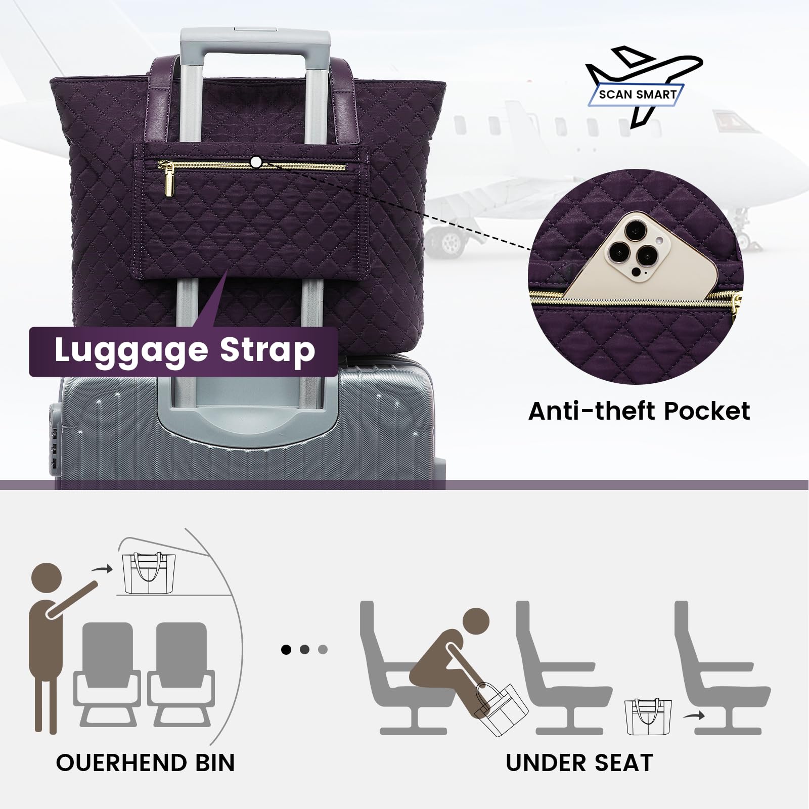 LOVEVOOK 17 Inch Diamond Quilted Laptop Tote Bag for Women - Stylish Work & Travel Shoulder Bag with Clutch Purse, Computer Briefcase Handbag (Purple) - Perfect for Office, Business Meetings & Commuting
