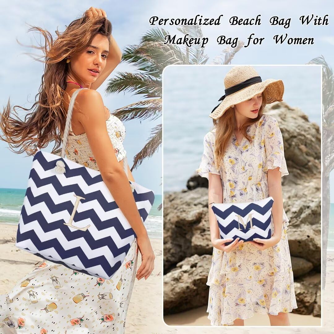 Personalized Waterproof Beach Tote Bag with Makeup Pouch - Perfect for Women's Birthday Gifts & Travel