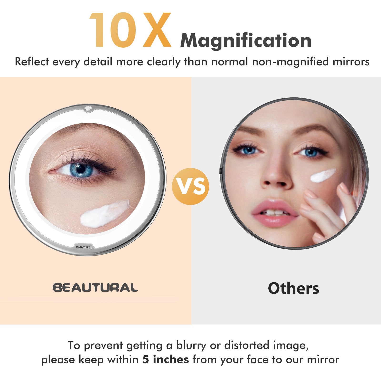 BEAUTURAL 10X LED Makeup Mirror with Suction Cup - 360° Rotation for Bathroom & Travel