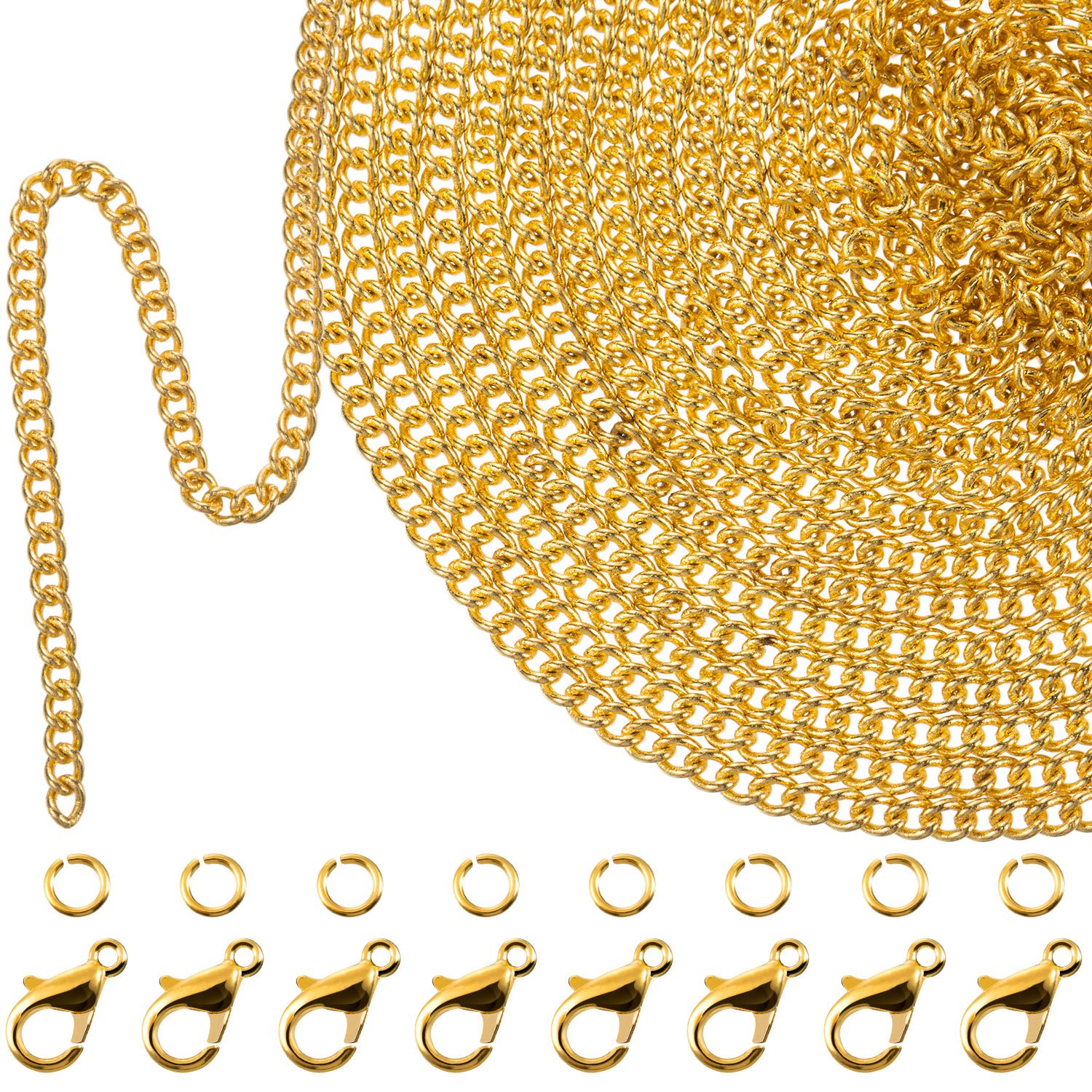 33 Feet Gold Plated Link Chain Necklace - 1.5mm Jewelry Chain with 30 Jump Rings & 20 Lobster Clasps for DIY Jewelry Making - Unisex Necklace for Men & Women - Perfect for Crafting, Layering, and Custom Jewelry Designs