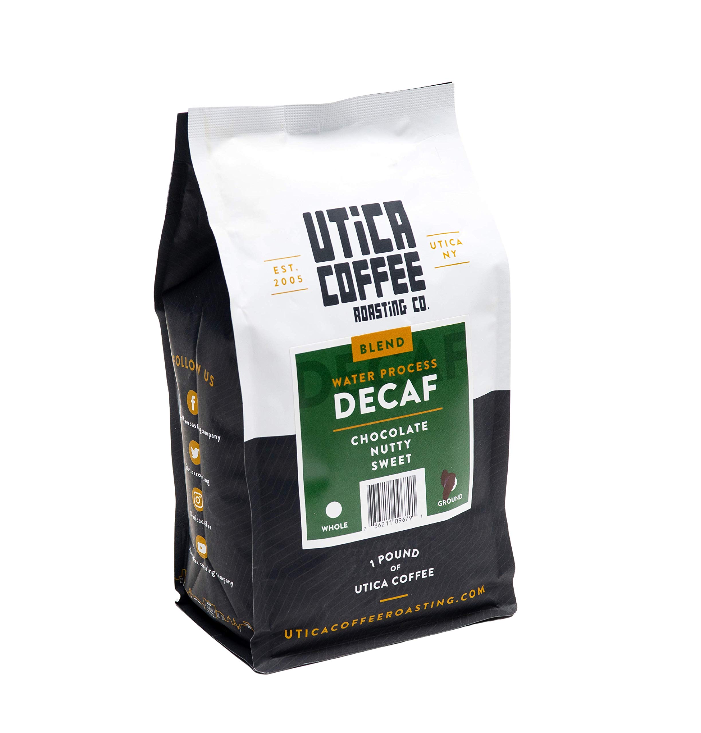 Utica Coffee Roasting Co. Decaf Specialty Medium Roast Ground Coffee - 16 Oz Reclosable Bag | Perfect for Home Brewing, Office Use & Gifts
