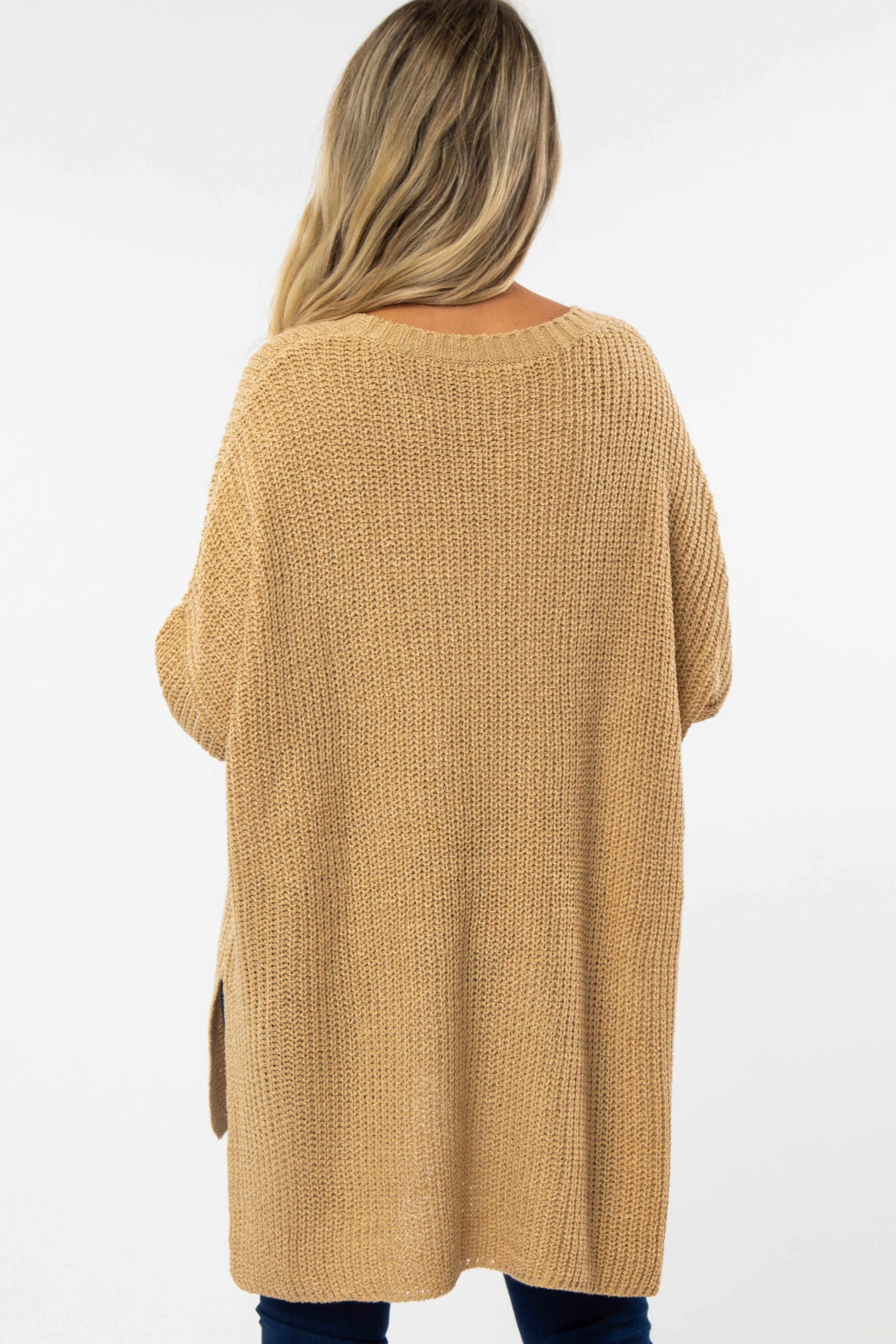 Beige Hi-Low Side Slit Cuff Sleeve Maternity Sweater for Women - Comfortable Pregnancy Knit Top for Casual Wear & Nursing