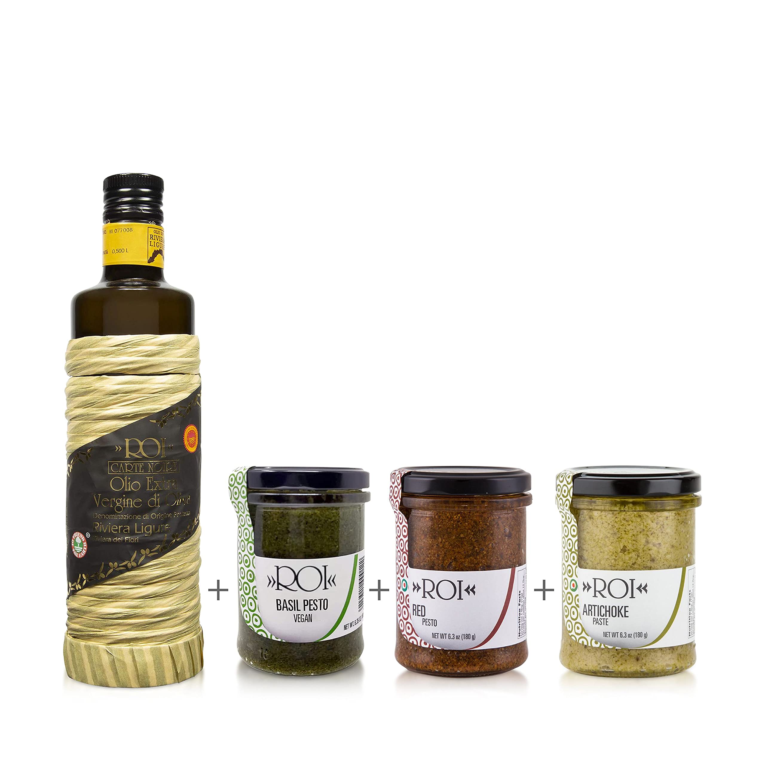 ROI Italian Extra Virgin Olive Oil - Cold Pressed Ligurian Taggiasca Olives & Vegan Pesto Sauce - Gluten Free, Non-GMO, DOP Certified Genovese Basil - Perfect for Pasta, Salads & Gourmet Cooking