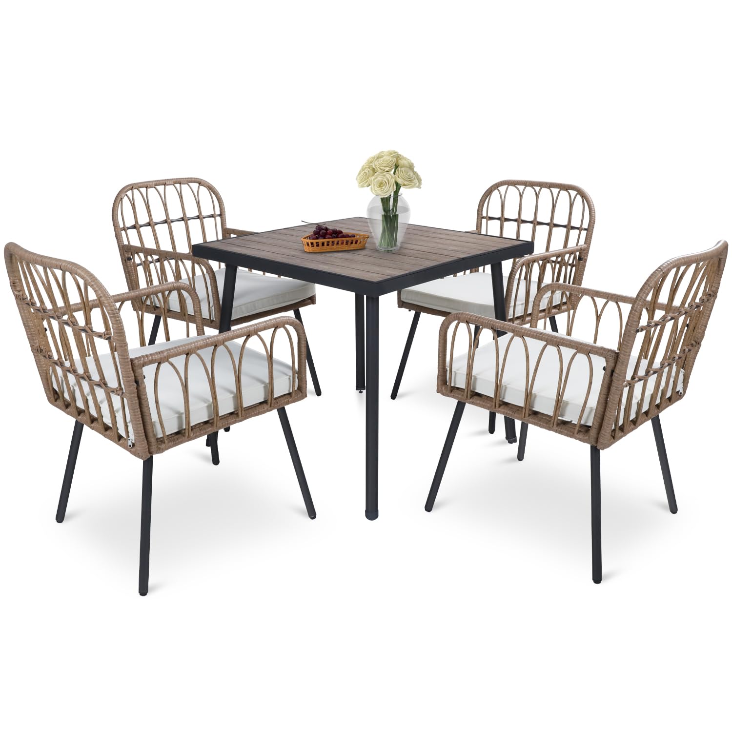 ENSTVER 5-Piece Outdoor Dining Set - All-Weather Rattan Patio Table & 4 Chairs with Cushions, Durable Plastic-Wood Tabletop - Perfect for Backyard, Garden, Poolside & Outdoor Entertaining
