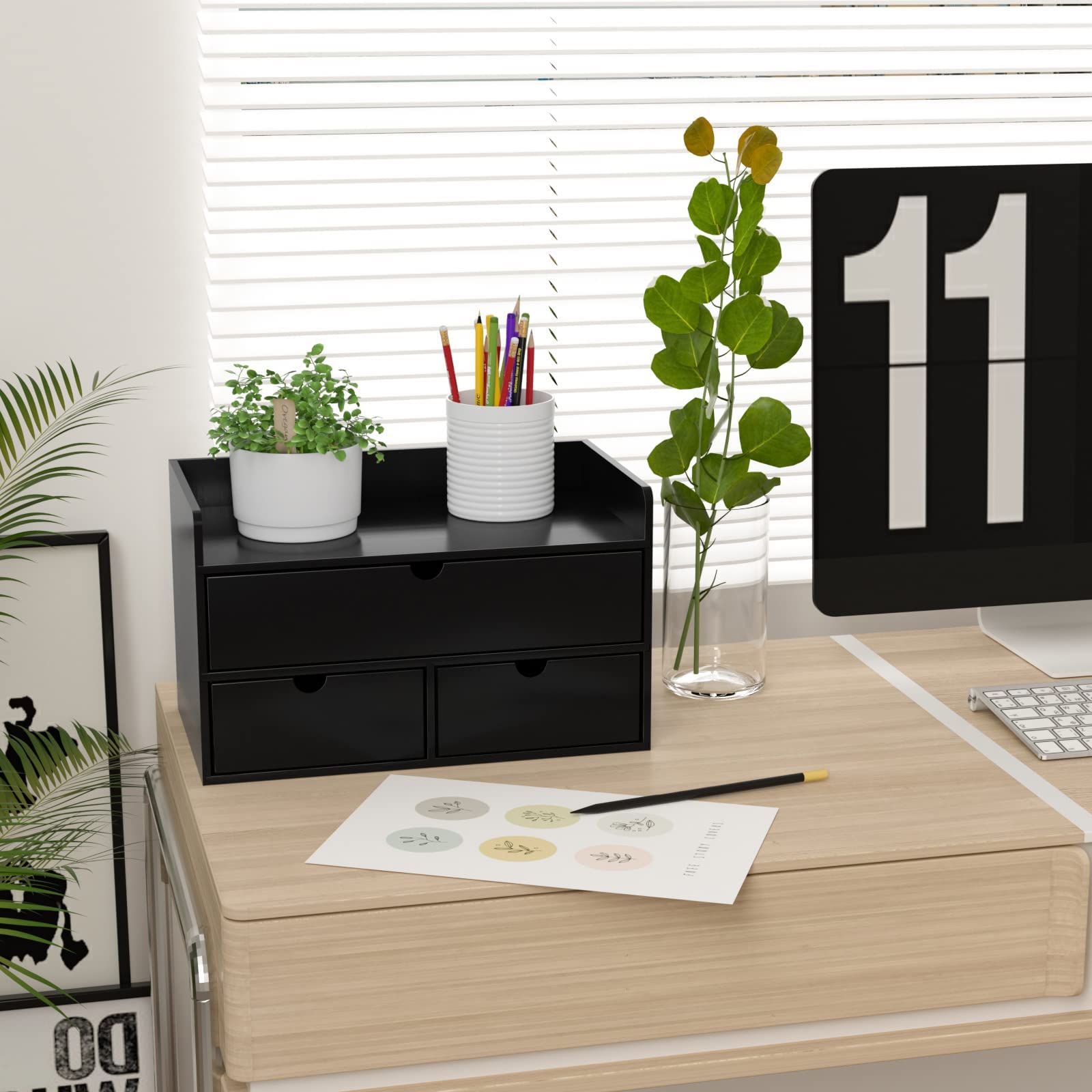 Wisuce Bamboo Desk Organizer with Shelf - Mini Desktop Drawer Organizer for Office, Home & Makeup Storage | Perfect for Organizing Pens, Cosmetics & Small Items on Work Desk or Vanity Table