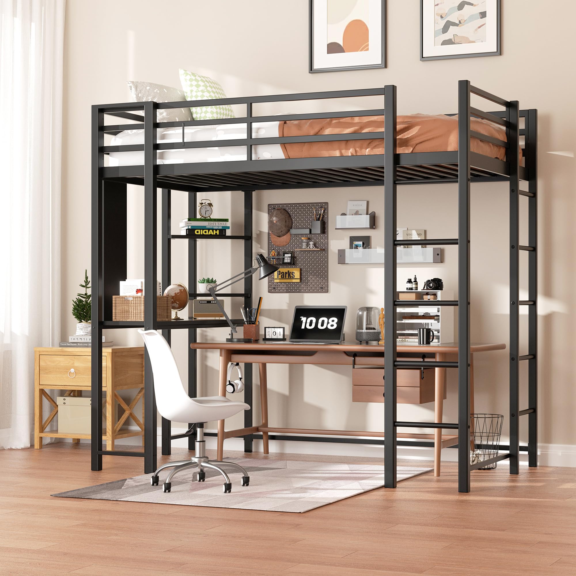 Shintenchi Twin Size Loft Bed with Desk & Storage Shelves - Sturdy Space-Saving Bed Frame for Kids, Teens & Adults - Anti-Tilt Quiet Design with 2 Ladders - Perfect for Small Bedrooms, Dorms & Studio Apartments (Black)