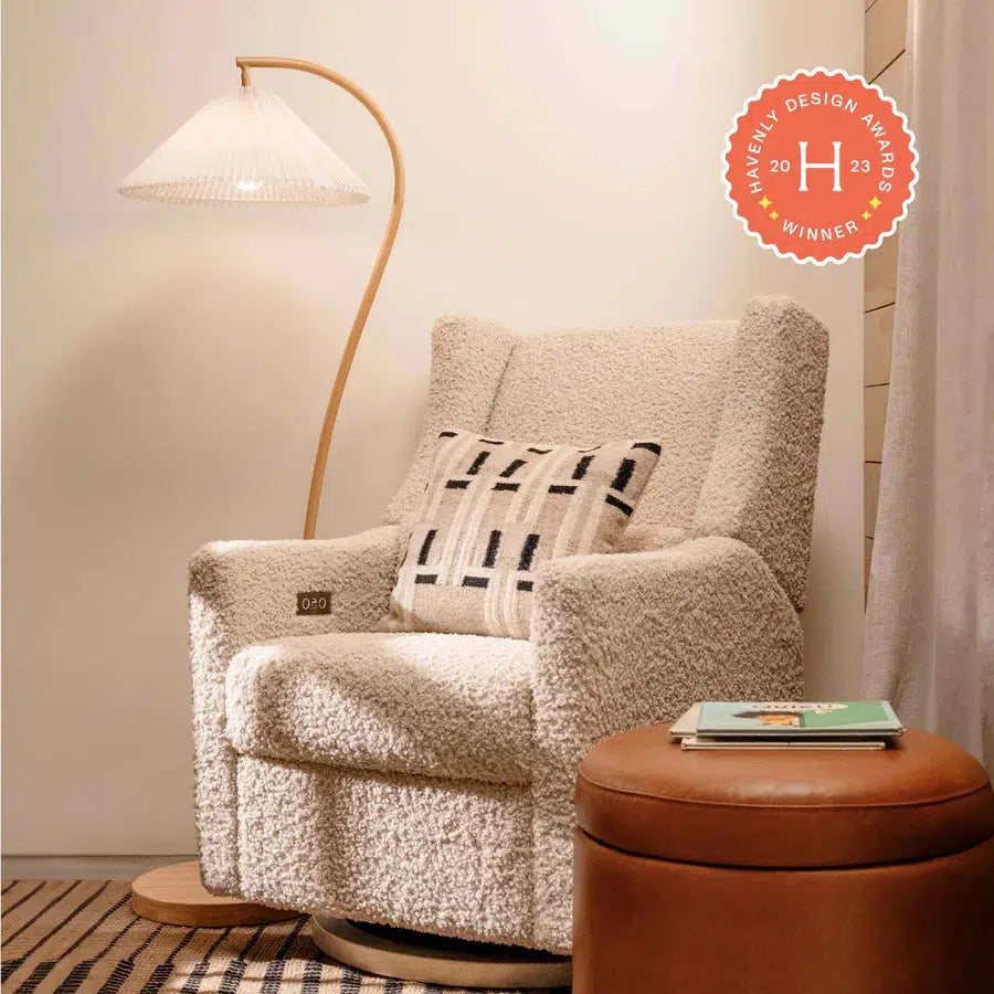 Babyletto Kiwi Electronic Glider Recliner Chair - Luxe Almond Teddy Loop Fabric with Light Wood Base - Nursery Gliding Rocker for Breastfeeding & Baby Comfort