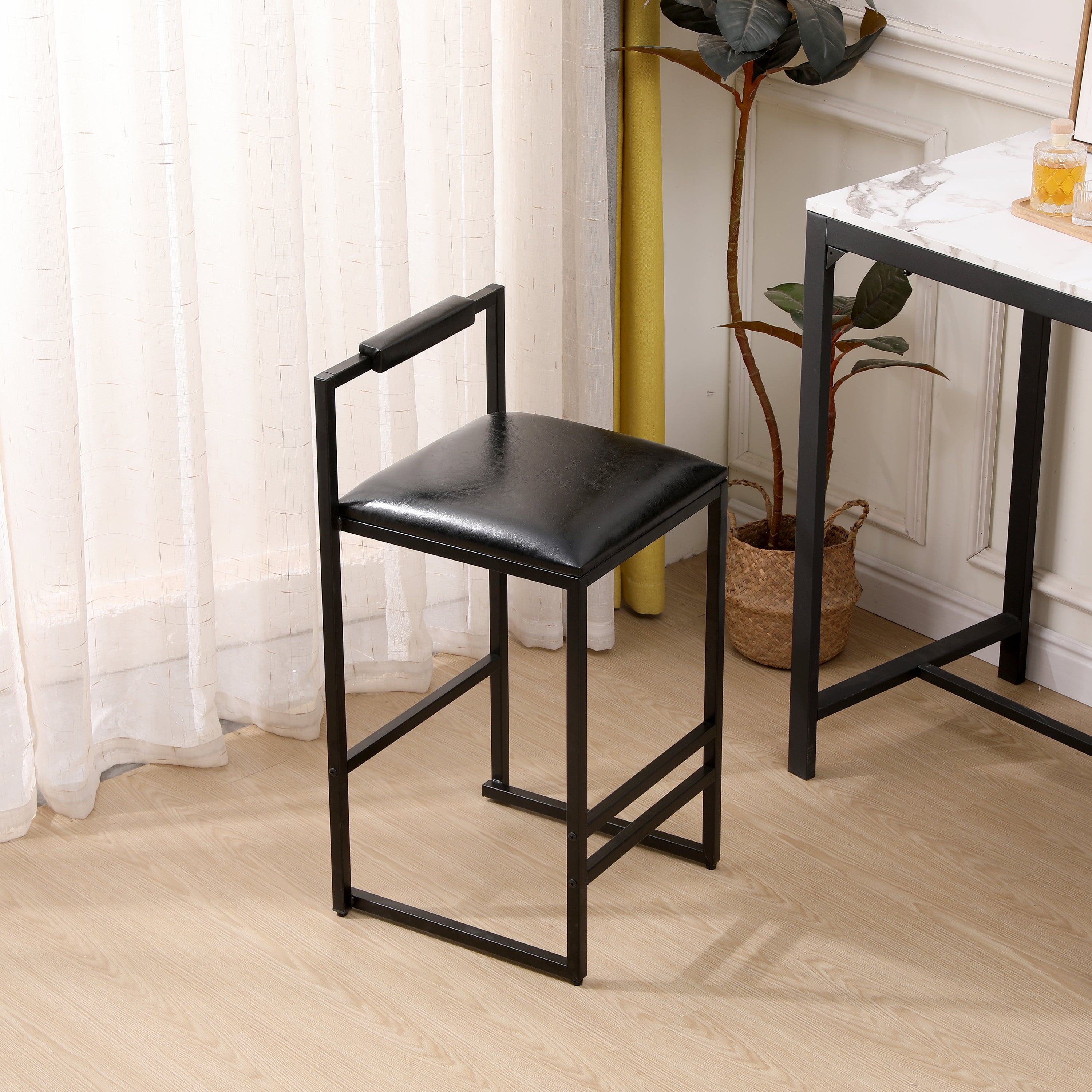 Set of 2 Black PU Leather Bar Stools with Backrest & Footrest - Counter Height Kitchen Island Stools for Home Bar, Breakfast Nook & Dining Room Decor