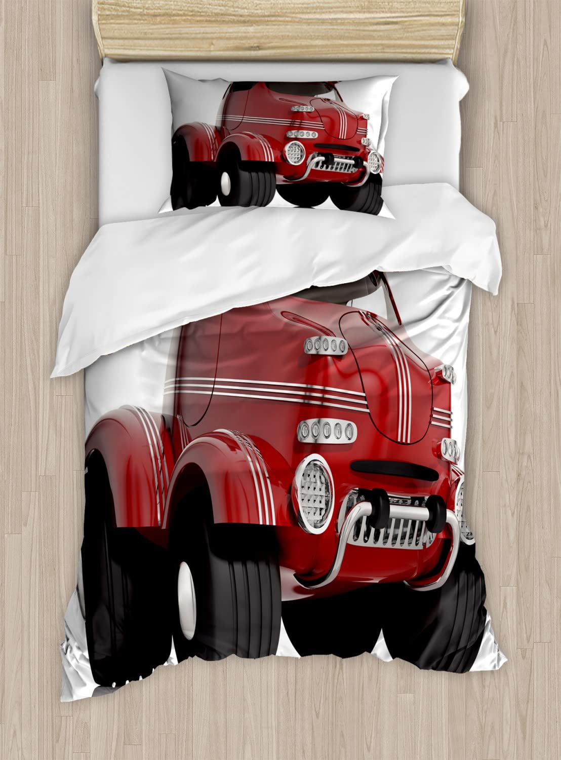 Ambesonne 3D Cars Duvet Cover Set - King Size 2-Pack with 2 Duvet Covers & 4 Pillowcases, Charcoal Grey Dried Rose Design - Modern Car Traffic Transport Technology Bedding for Boys Room, Teen Bedroom Decor