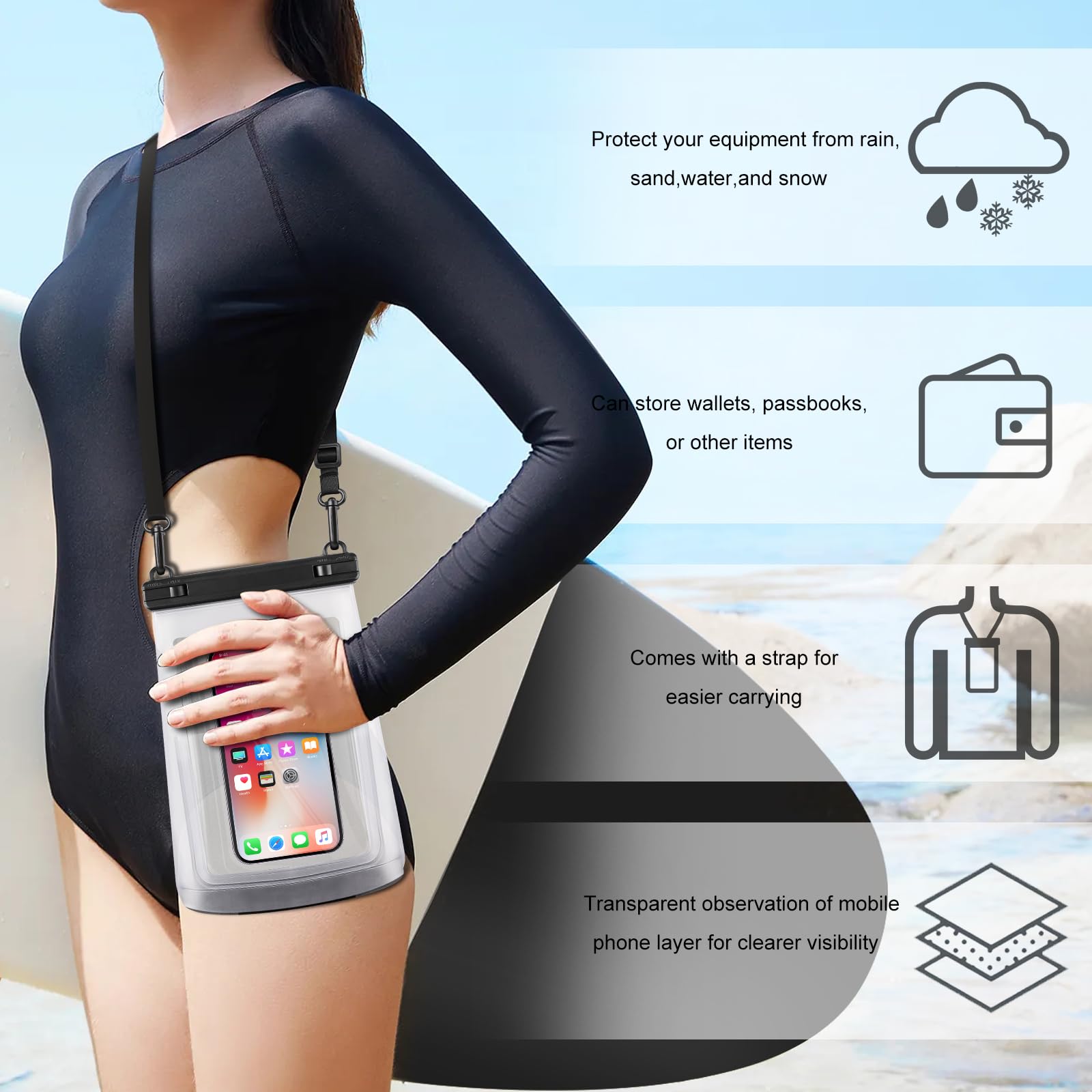 2L Waterproof Phone Pouch Dry Bag for iPhone 16 15 14 11 Pro Max & Samsung Galaxy S24 S21 - Floating Large Capacity Waterproof Case Stores Phone, Sunscreen, Sunglasses - Perfect for Beach, Swimming, Kayaking, Boating & Water Sports