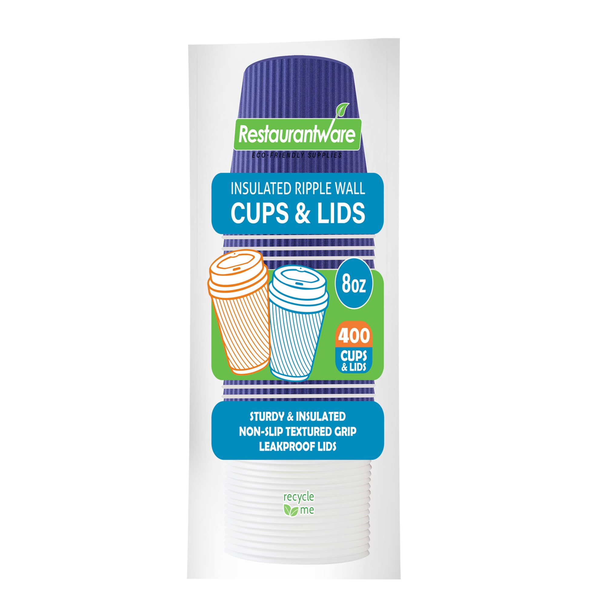 Restaurantware 8oz Insulated Coffee Cups with Lids - 400 Pack Leakproof Ripple Wall Hot Cups, Non-Slip Royal Purple Disposable Paper Cups for Coffee, Tea, Hot Cocoa & Lattes - Perfect for Cafes, Offices & Catering Events