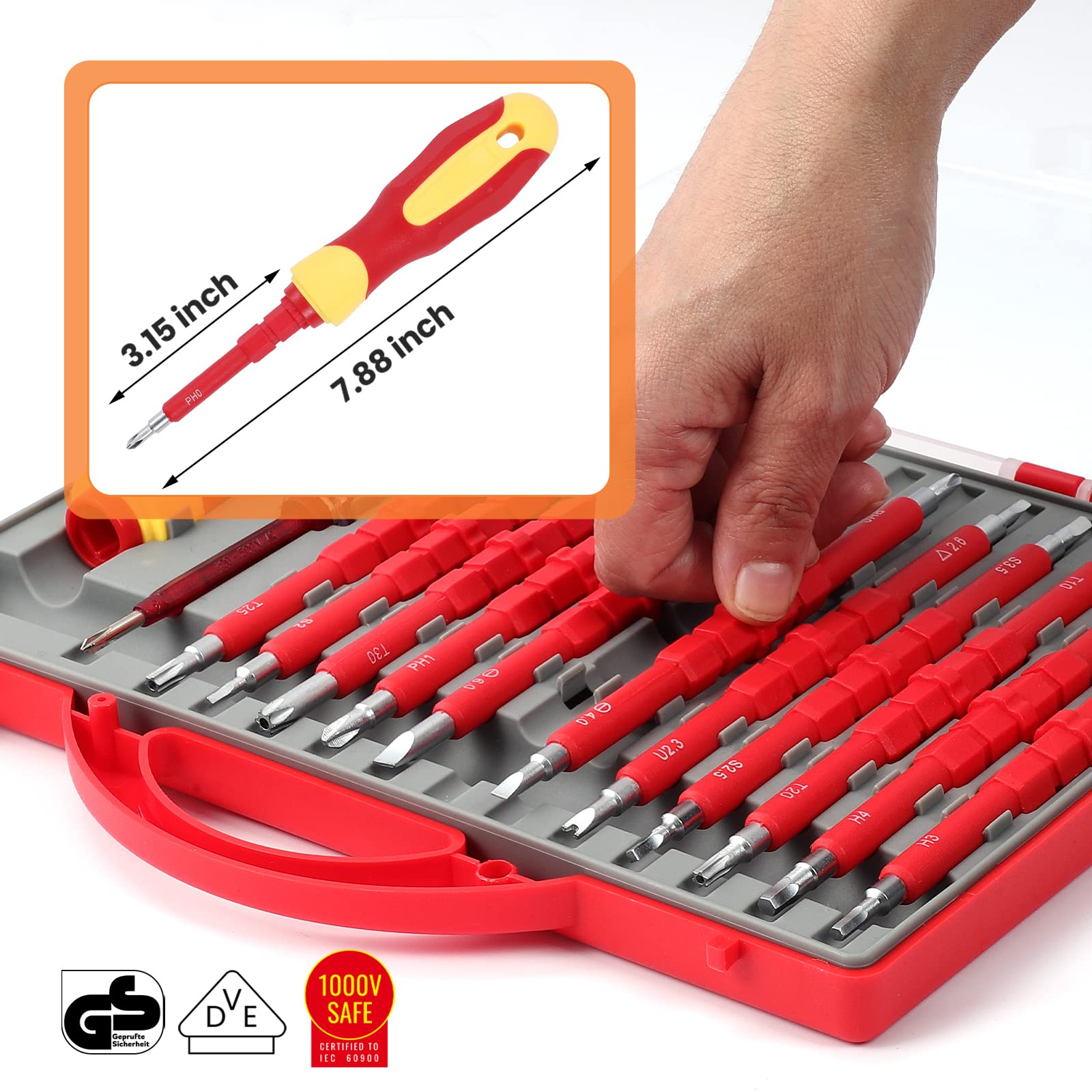 1000V Insulated Electrician Screwdriver Set - Professional Phillips, Slotted, Torx & Hex Magnetic Bit Screwdrivers for Electrical Work | Durable Household Repair Tools with Case | Ideal for Electricians, DIY Home Improvement & Appliance Maintenance