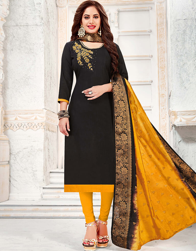 Black Cotton South Slub Chudidar Salwar Suits for Women - Traditional Indian Ethnic Wear for Festivals, Weddings & Special Occasions