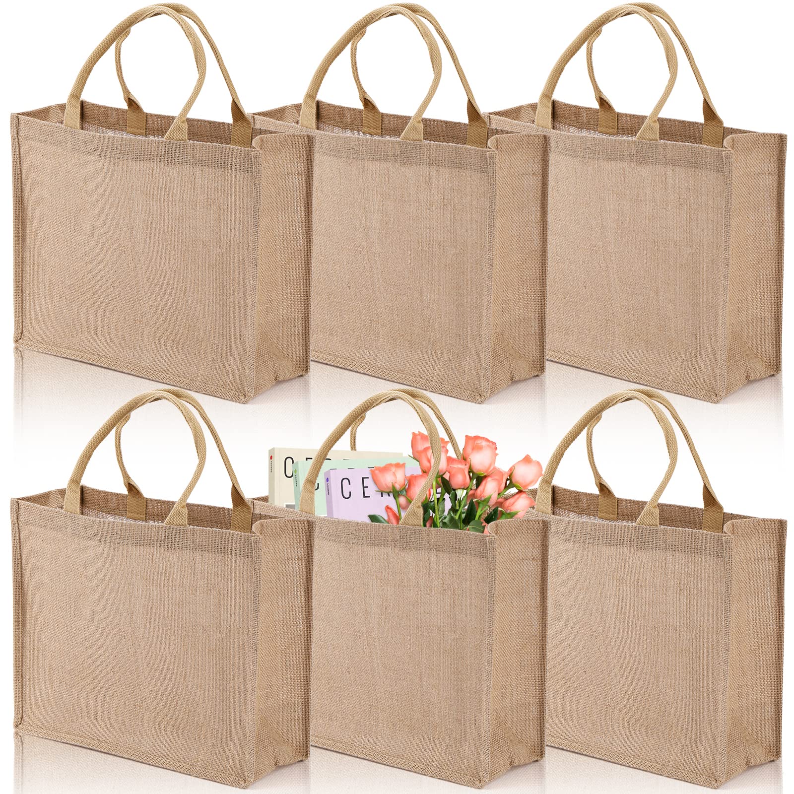 DEAYOU 6 Pack Eco-Friendly Jute Tote Bags - 15.4''x12.2''x5.9'' Natural Burlap Shopping Bags with Sturdy Handles for Groceries, DIY Crafts, Weddings & Beach Outings | Reusable Gift Bags for Sustainable Lifestyle